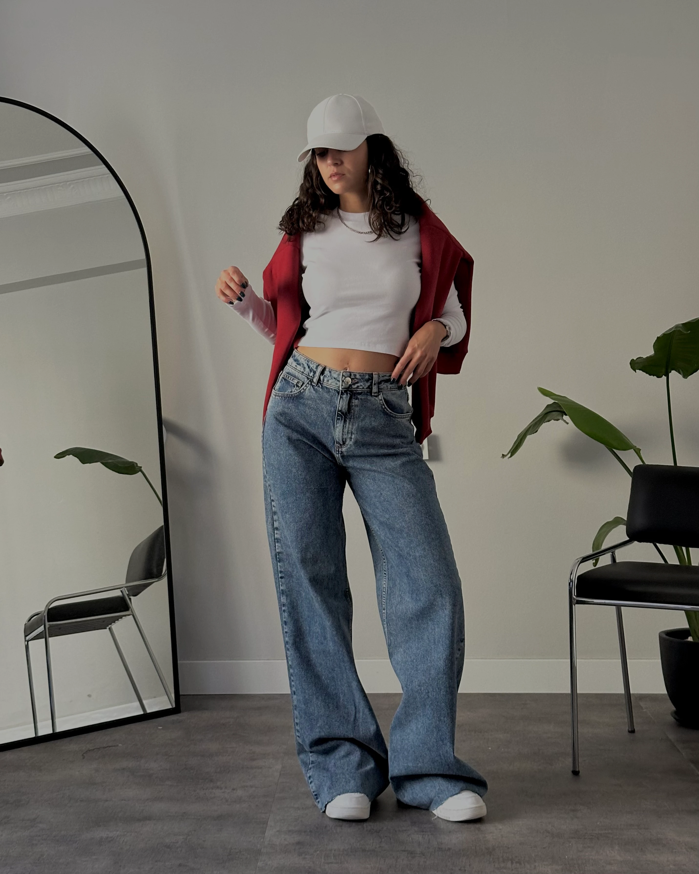 Yüksek Bel Mavi Yıkamalı Wide Leg Jean