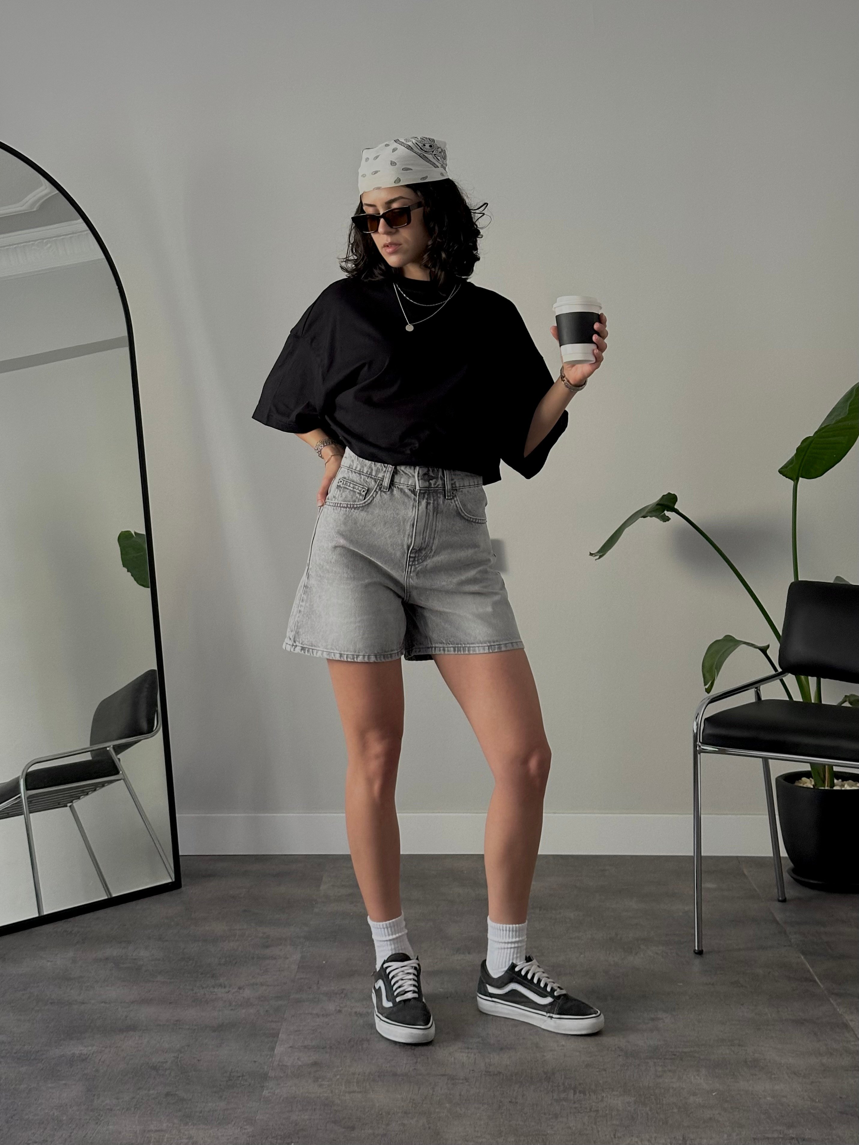 Yüksek Bel Mom Denim Şort - Gri Denim