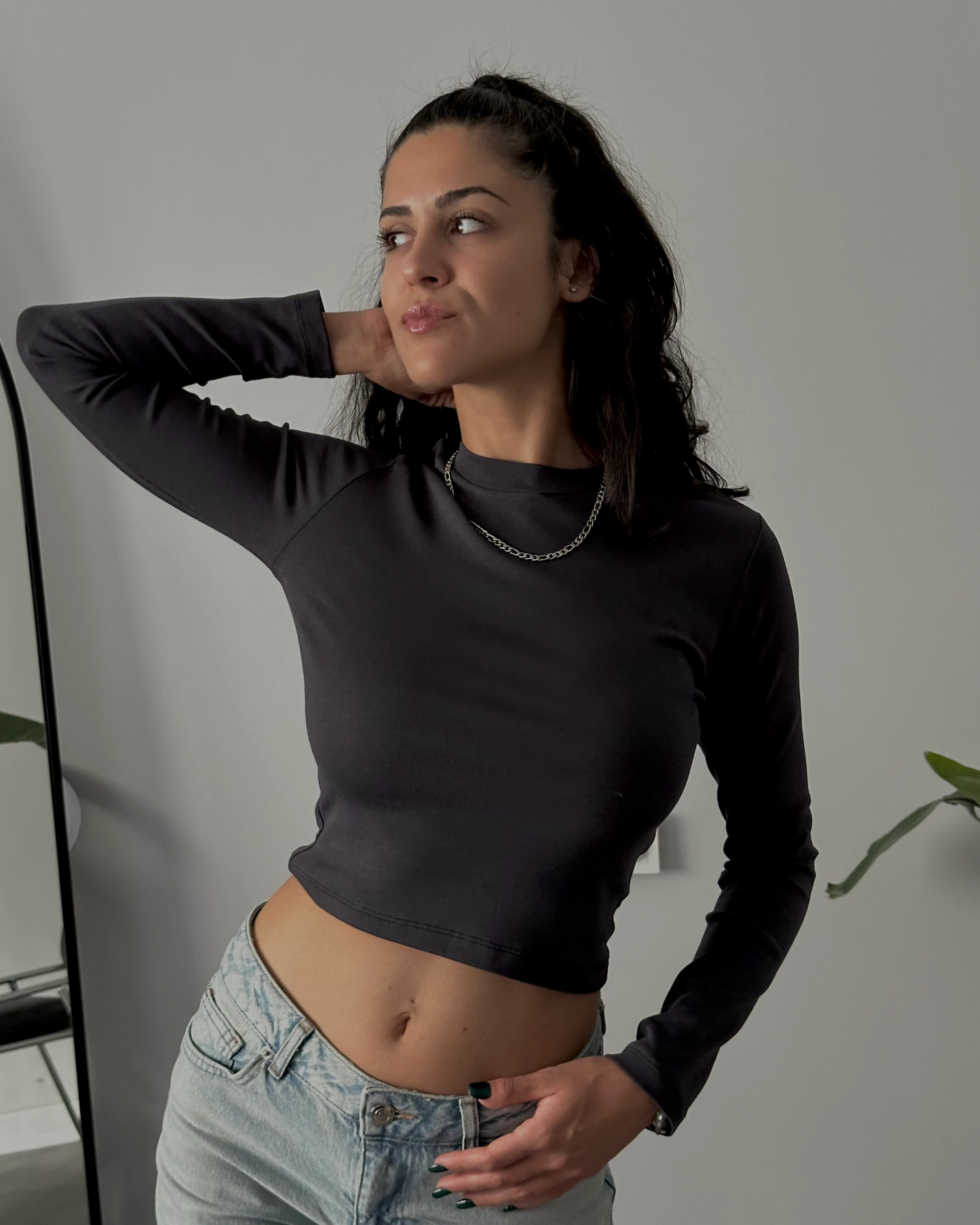 Bisiklet Yaka Uzun Kollu Crop Body - Antrasit