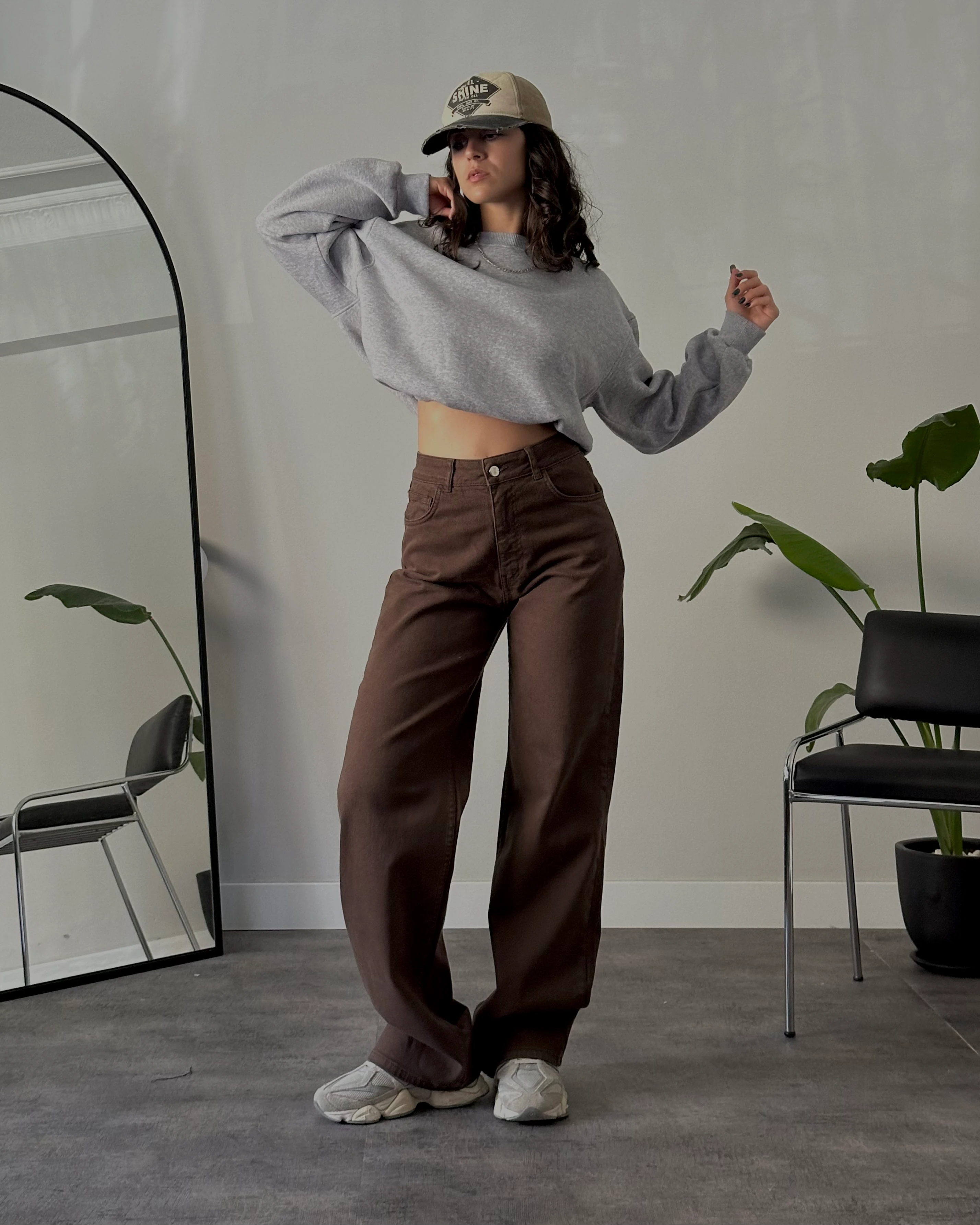 Yüksek Bel Koyu Kahve Wide Leg Jean