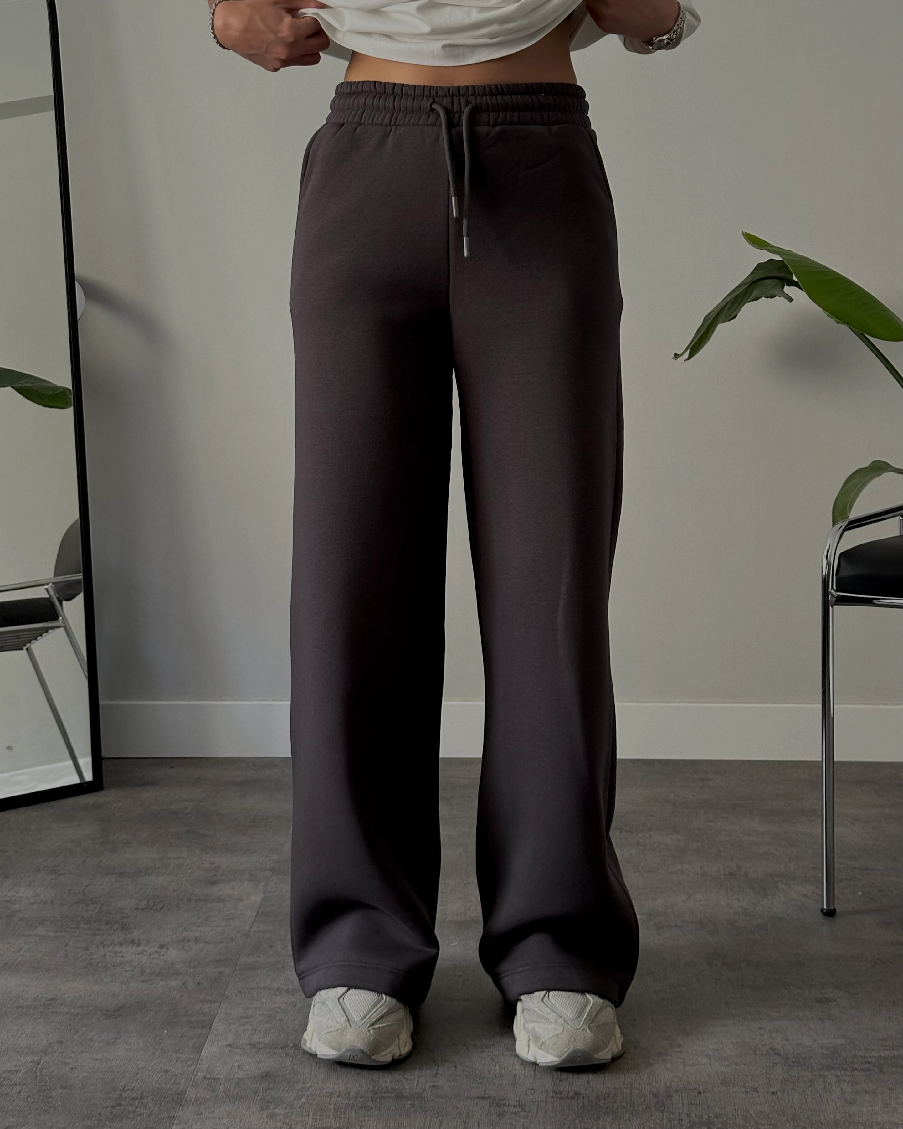 Yüksek Bel Şardonlu Rahat Kalıp Eşofman Altı - Antrasit