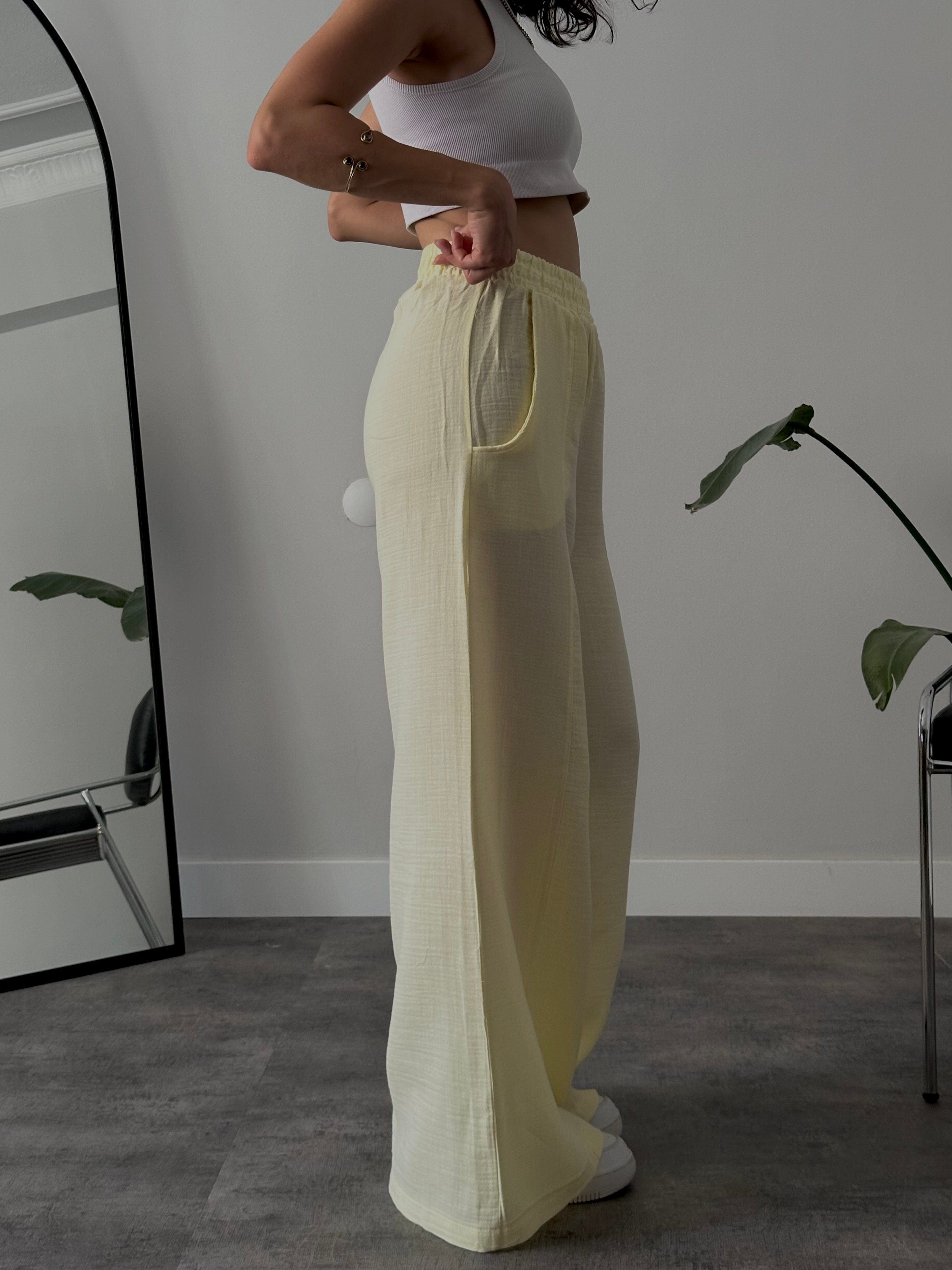 Yüksek Bel Wide Leg Müslin Pantolon - Sarı