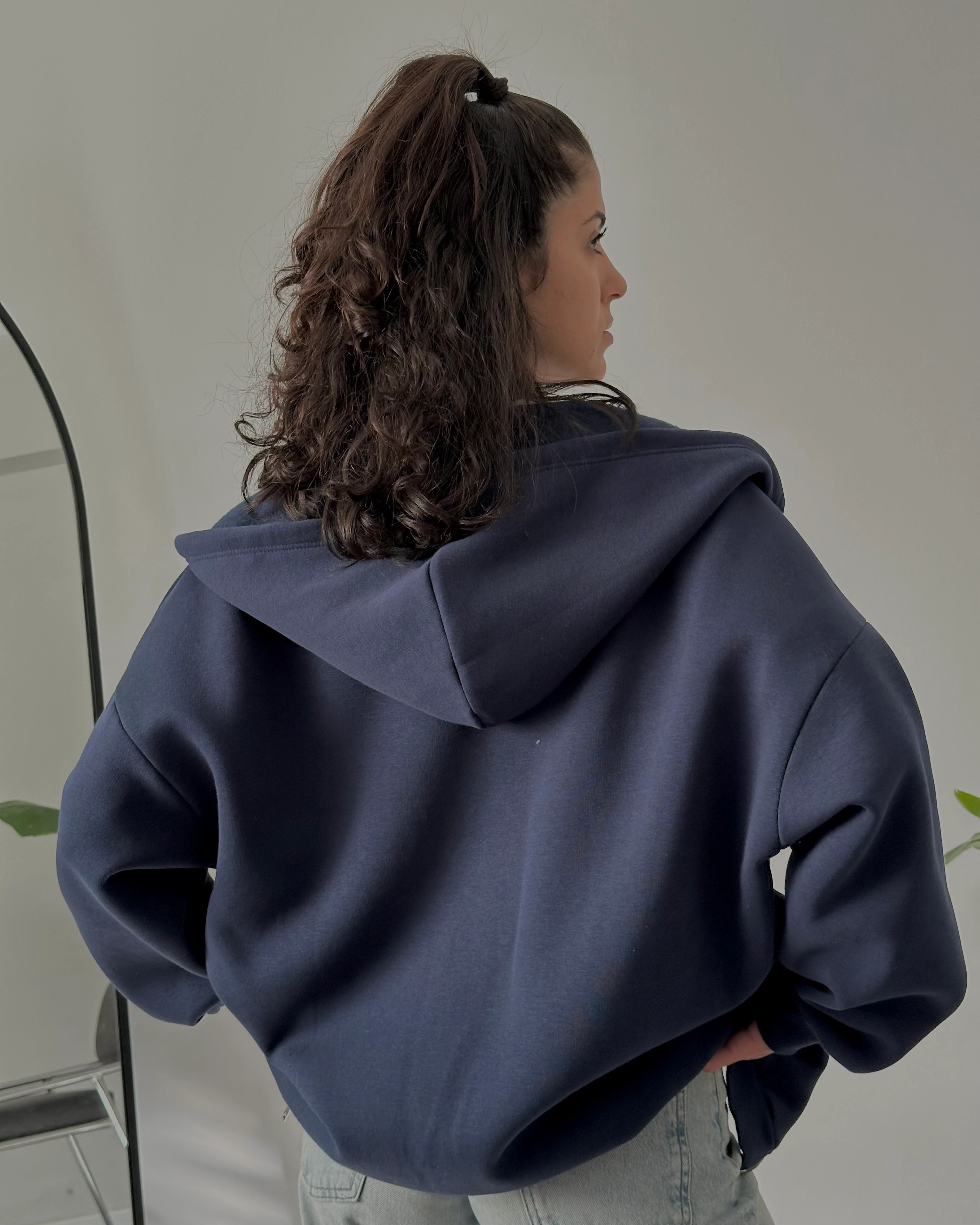 Fermuarlı Kapüşonlu Oversize Sweatshirt - Indigo