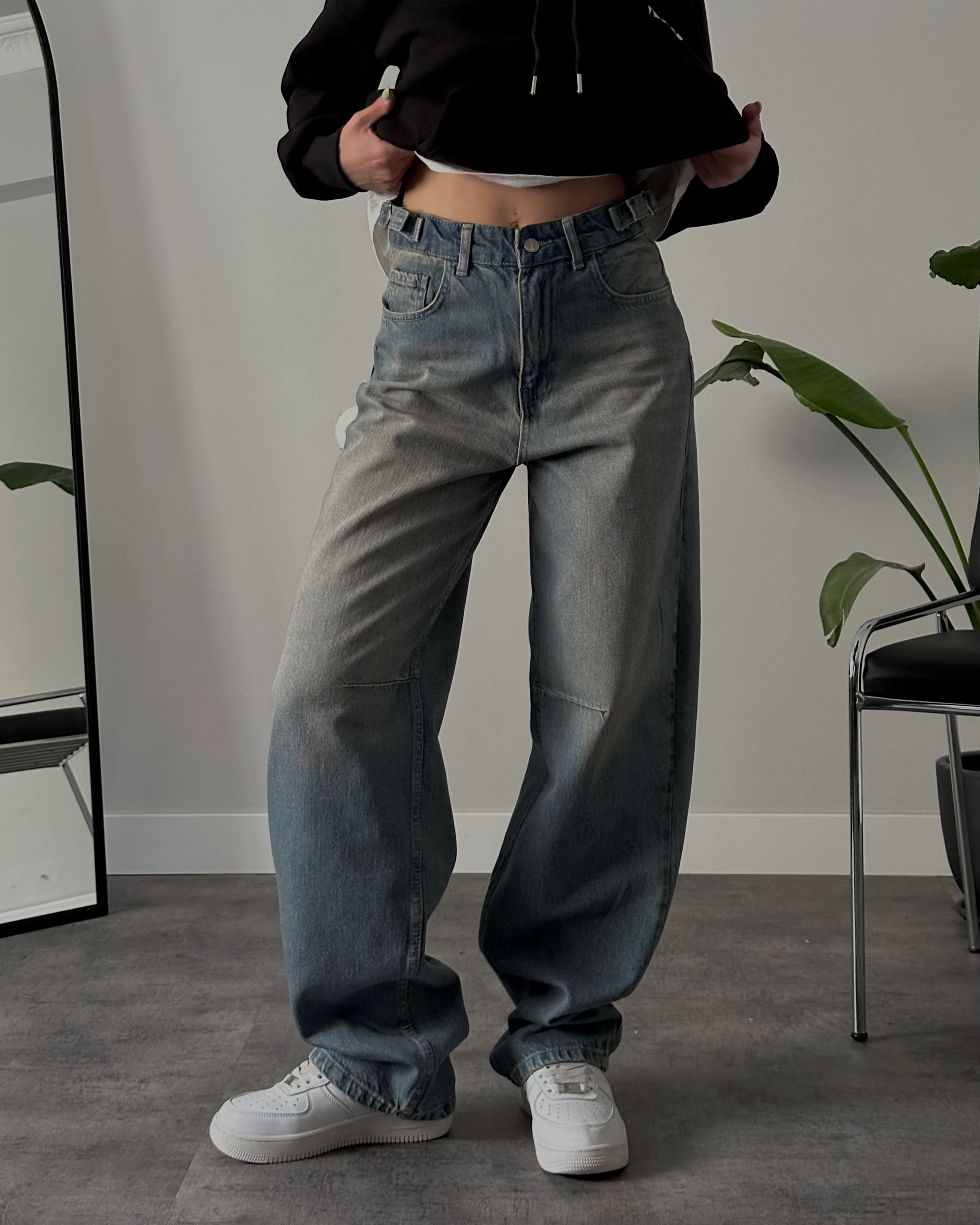 Unisex Yüksek Bel Yandan Tokalı Mavi Vintage Baggy Jean