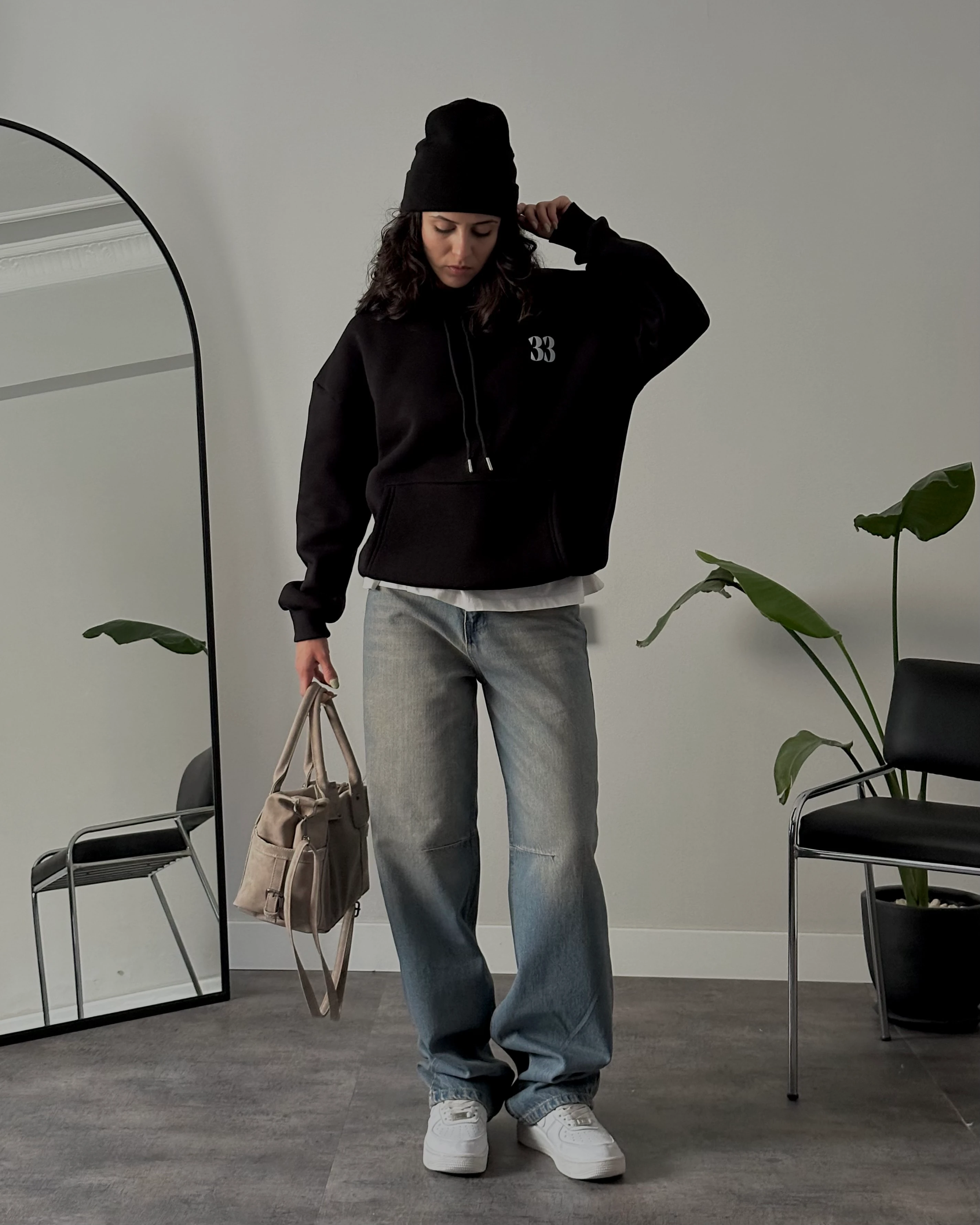 Unisex Yüksek Bel Yandan Tokalı Mavi Vintage Baggy Jean