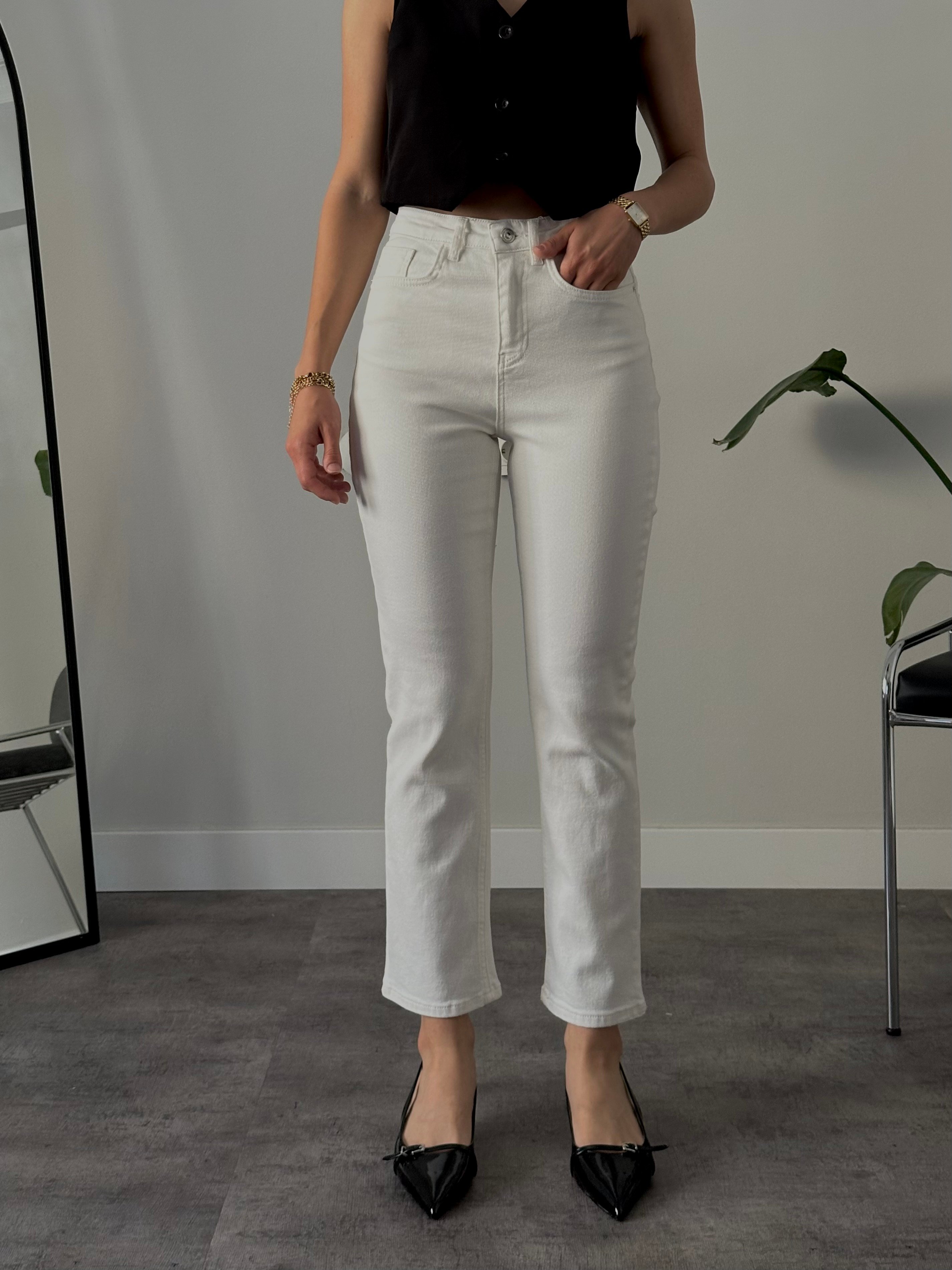 Yüksek Bel Vintage Straight Fit Beyaz Jean