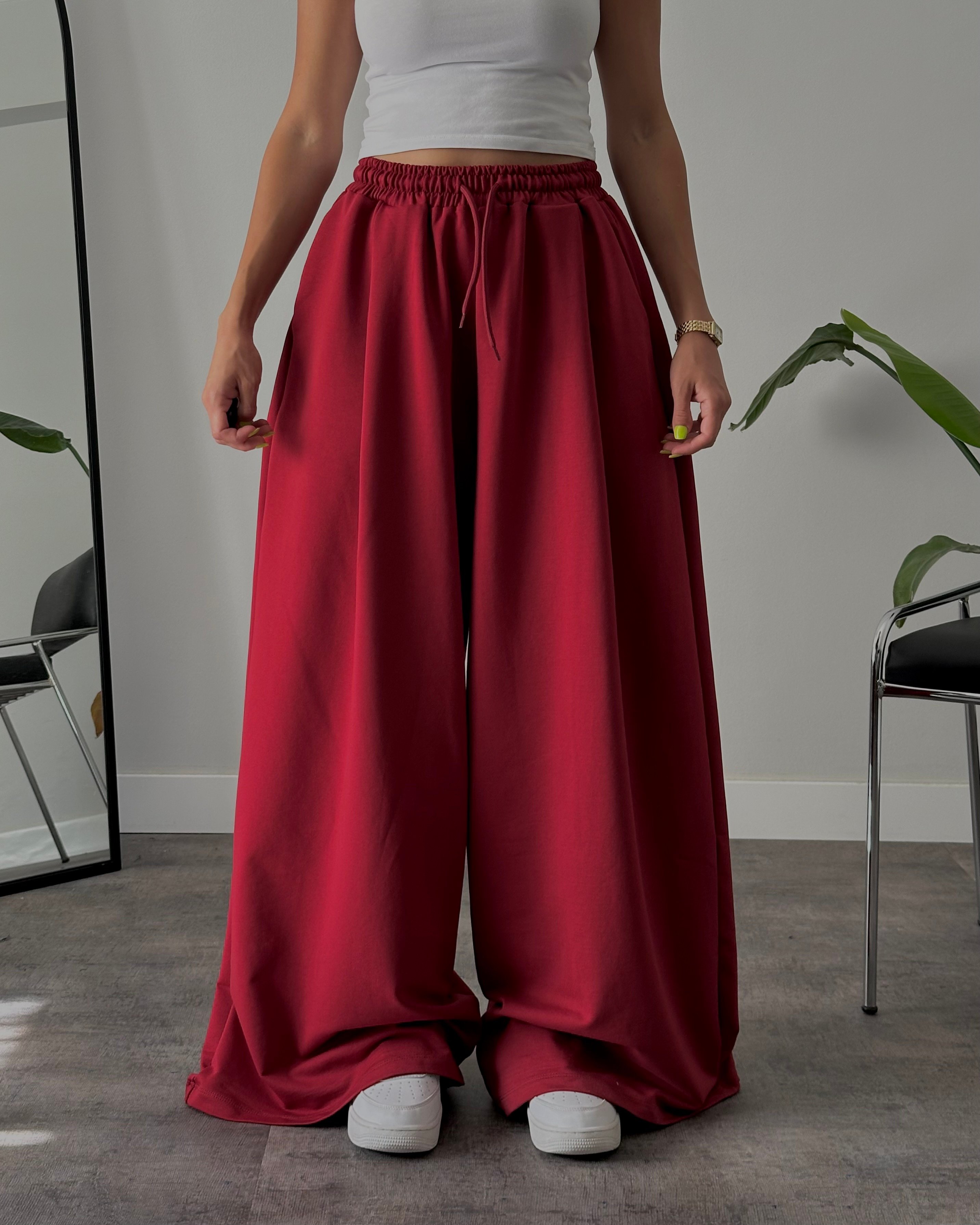 Yüksek Bel Extra Oversize Eşofman Altı - Burgundy