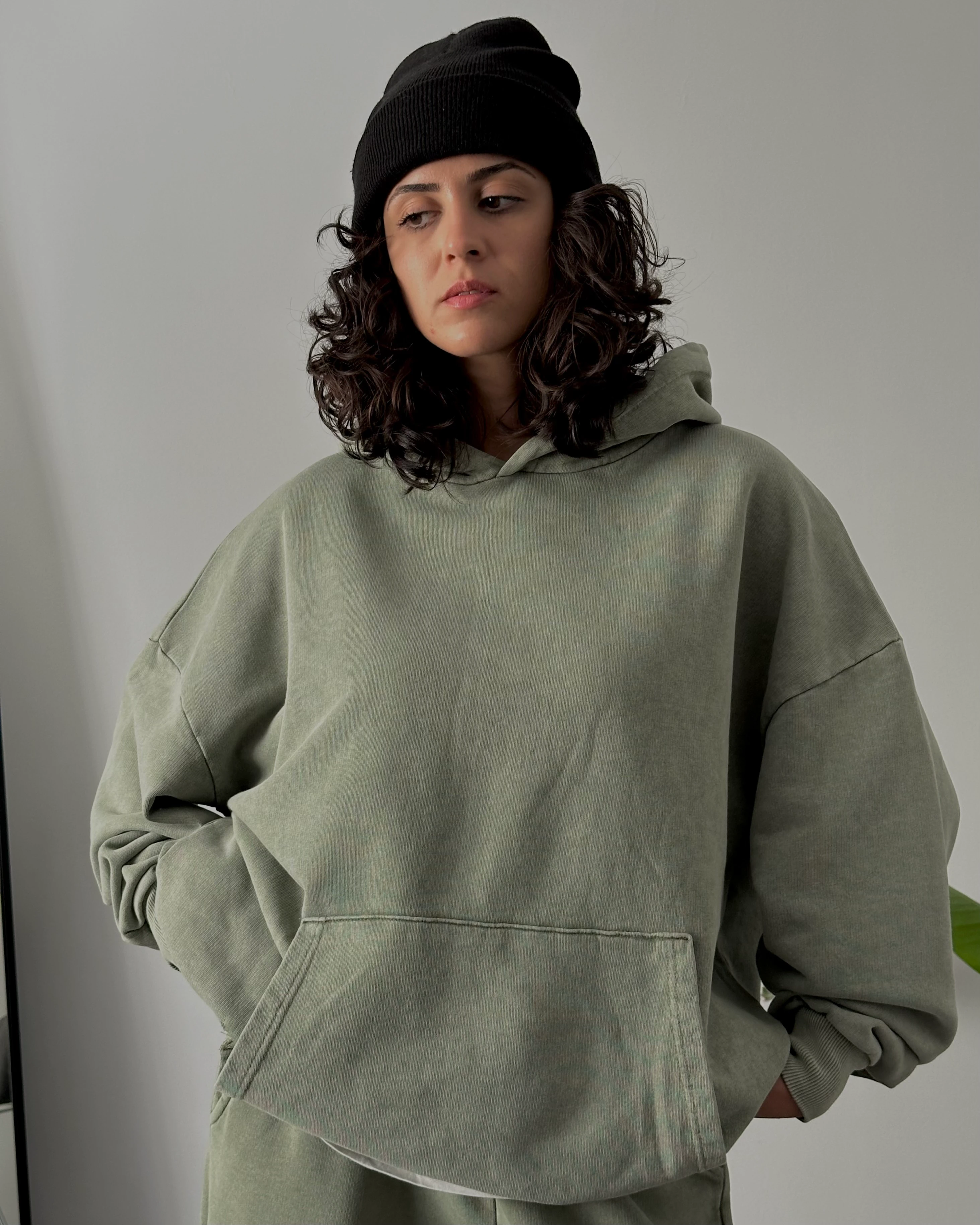 Unisex Yıkamalı Oversize 3 İplik Eşofman Takımı - Yıkamalı Haki