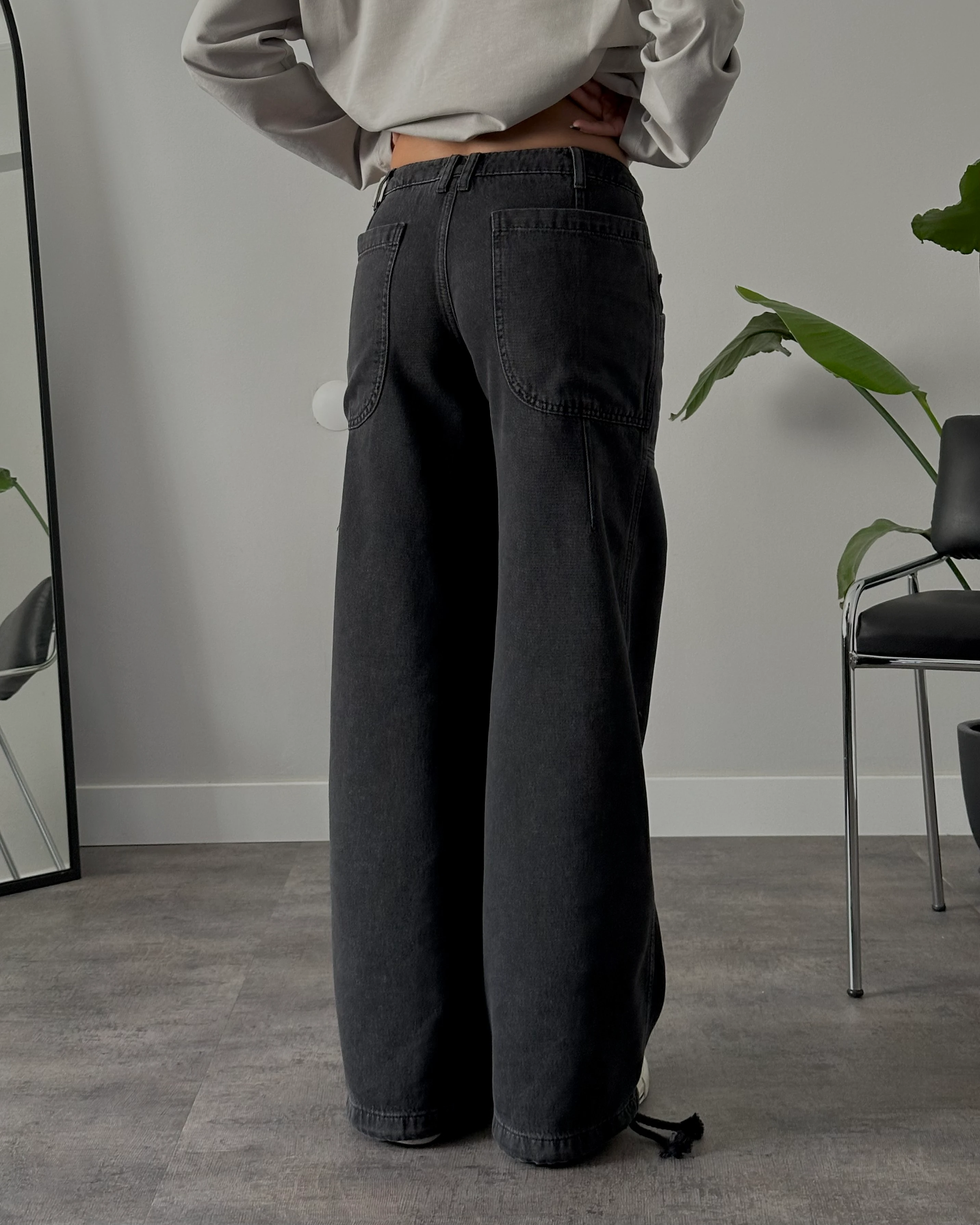 Orta Bel Relaxed Büzgülü Paça Jean - Siyah Denim