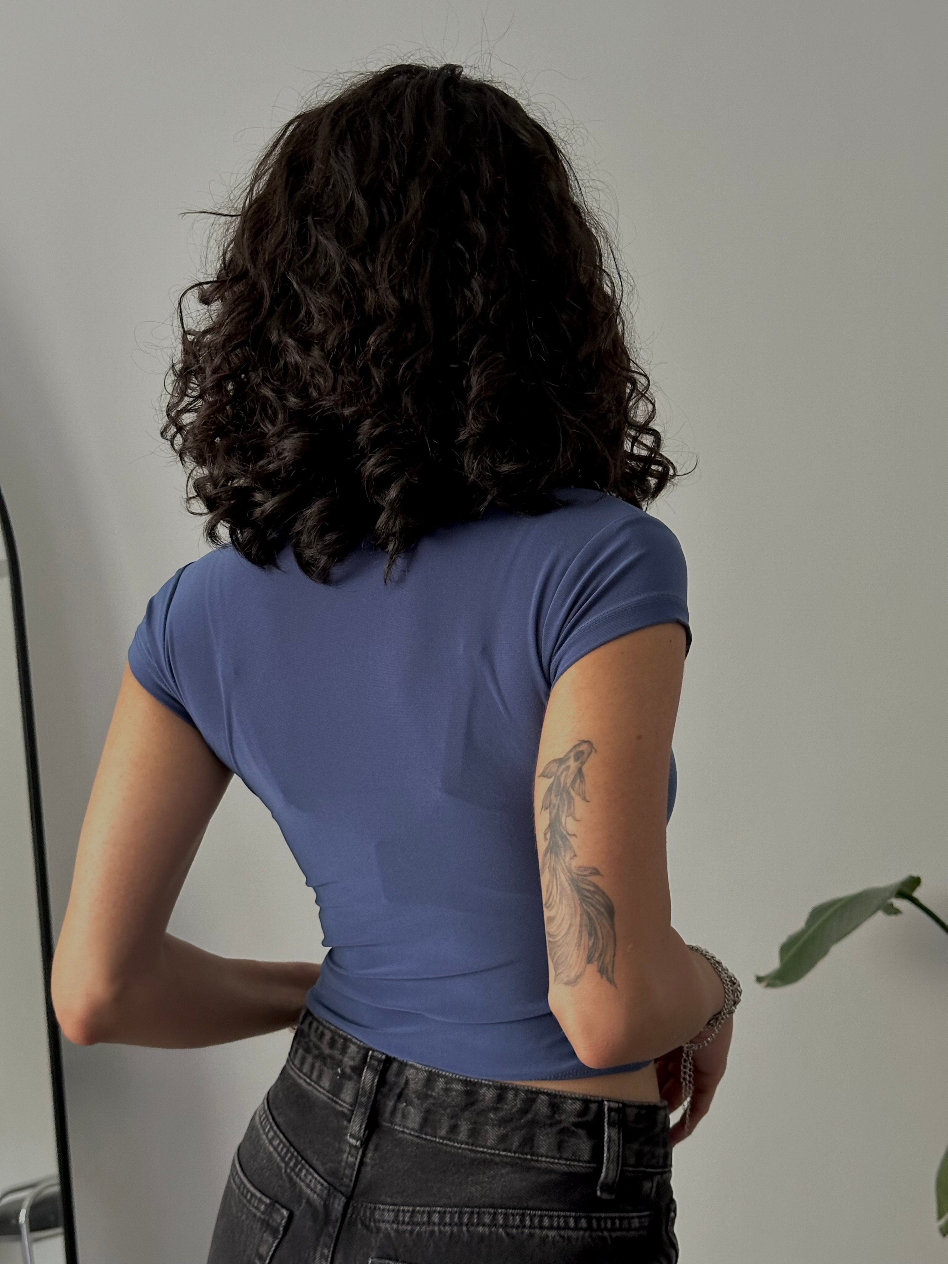 Slim Fit Basic Kısa Kollu Crop  - İndigo
