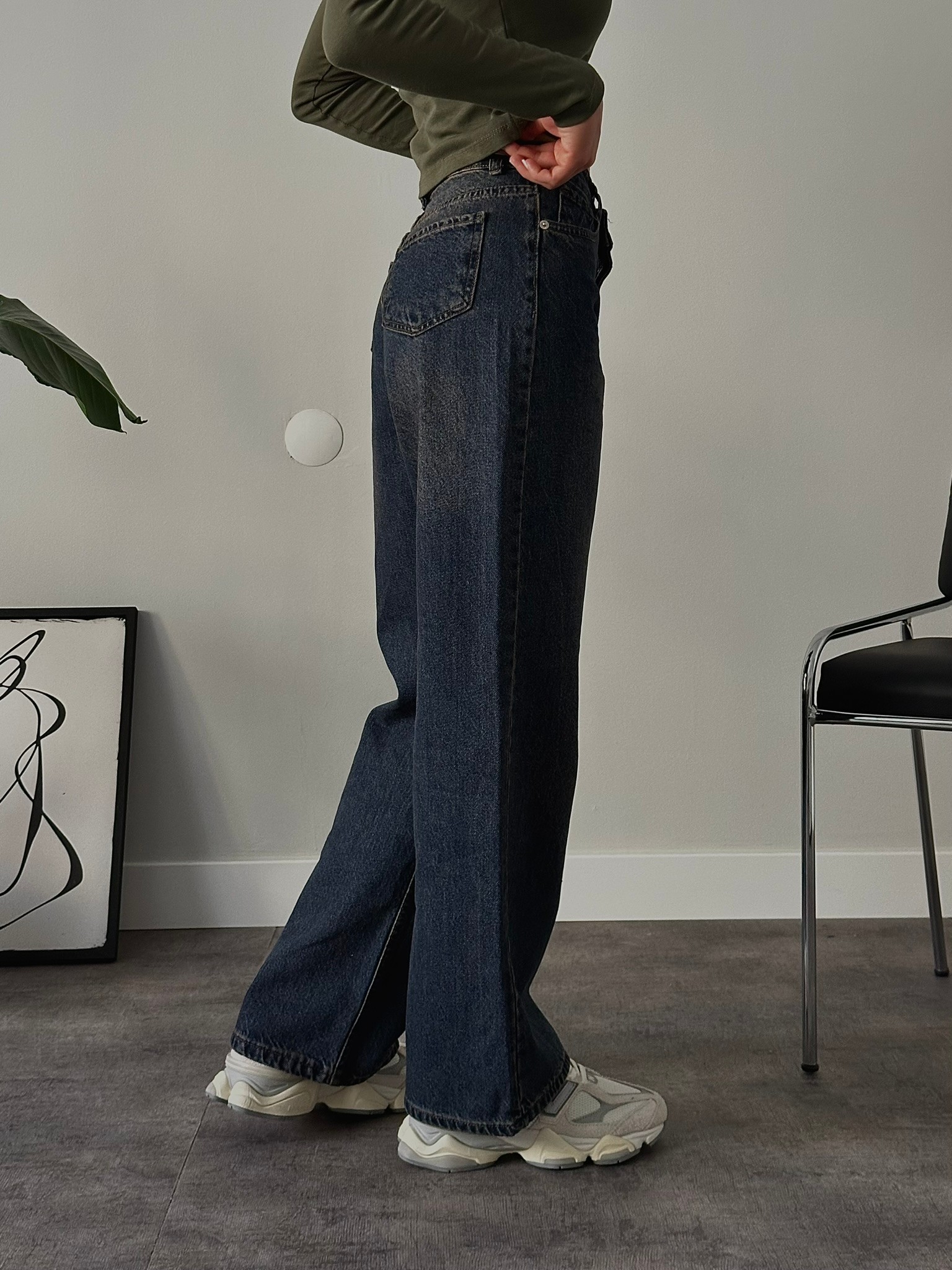 Yüksek Bel Yıkamalı Extra Wide Leg Jean - Lacivert Denim