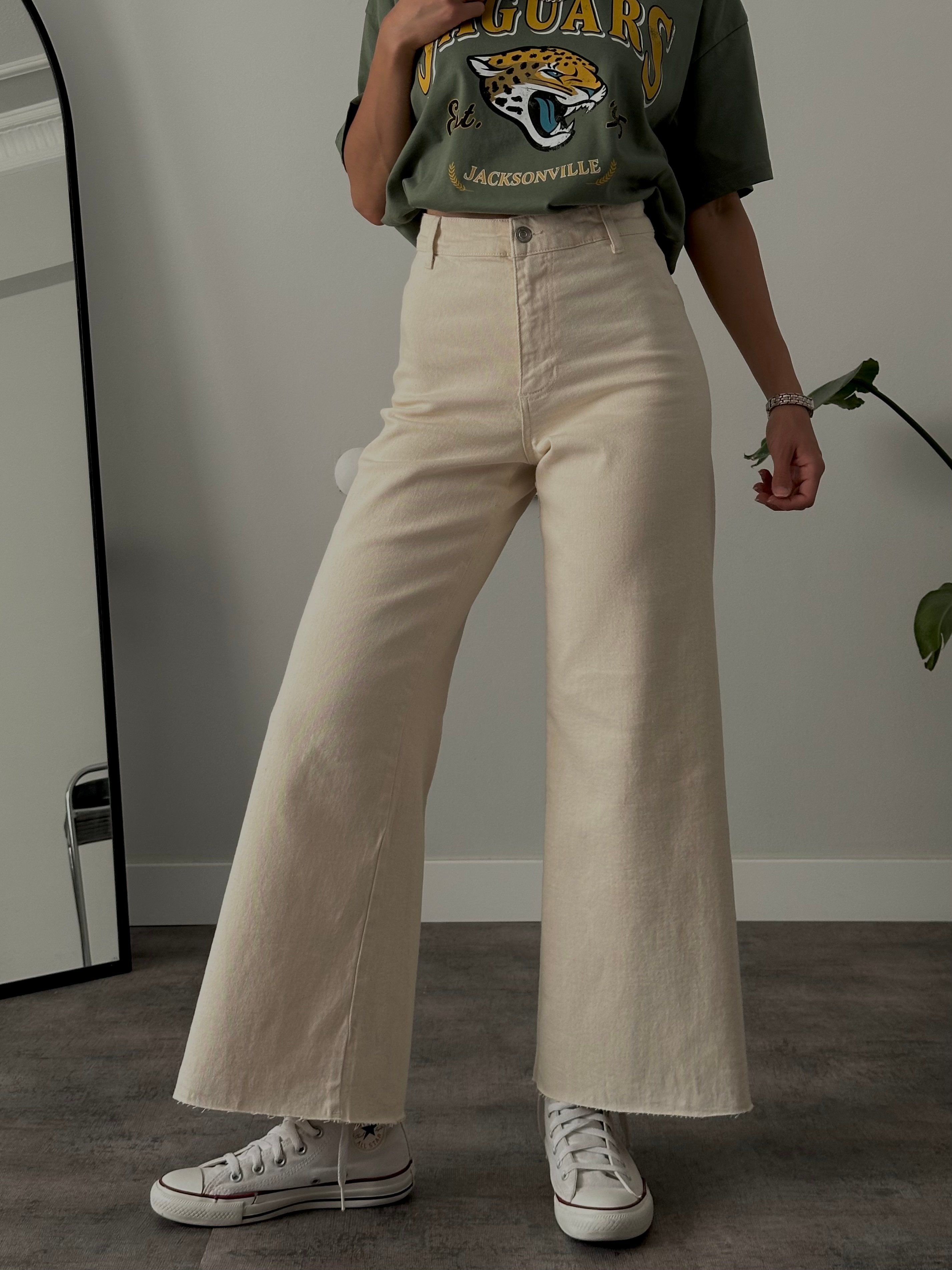 Yüksek Bel Wide Leg Jean - Ekru