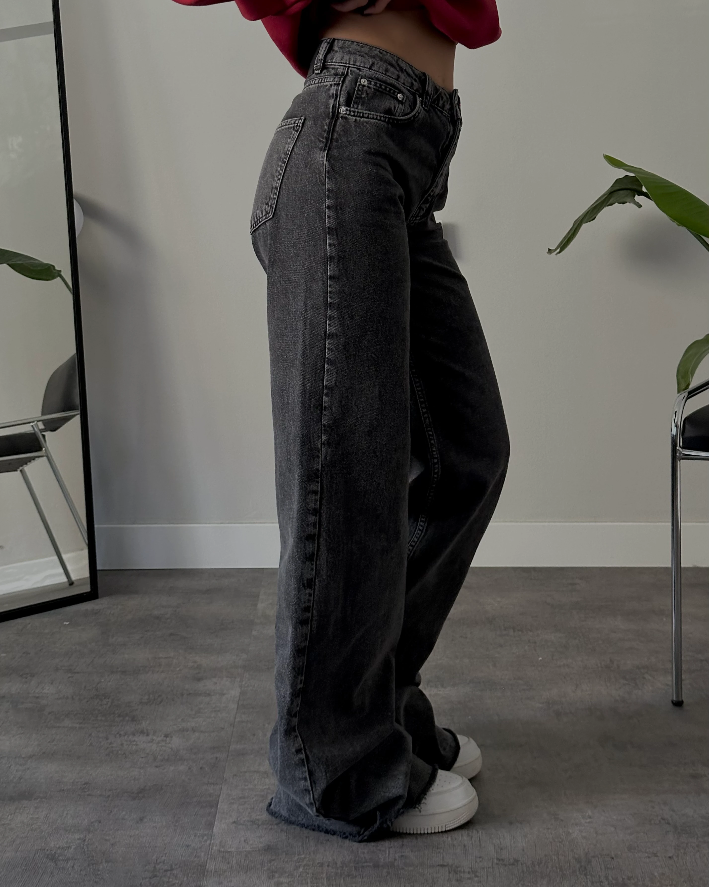 Yüksek Bel Koyu Gri Wide Leg Jean