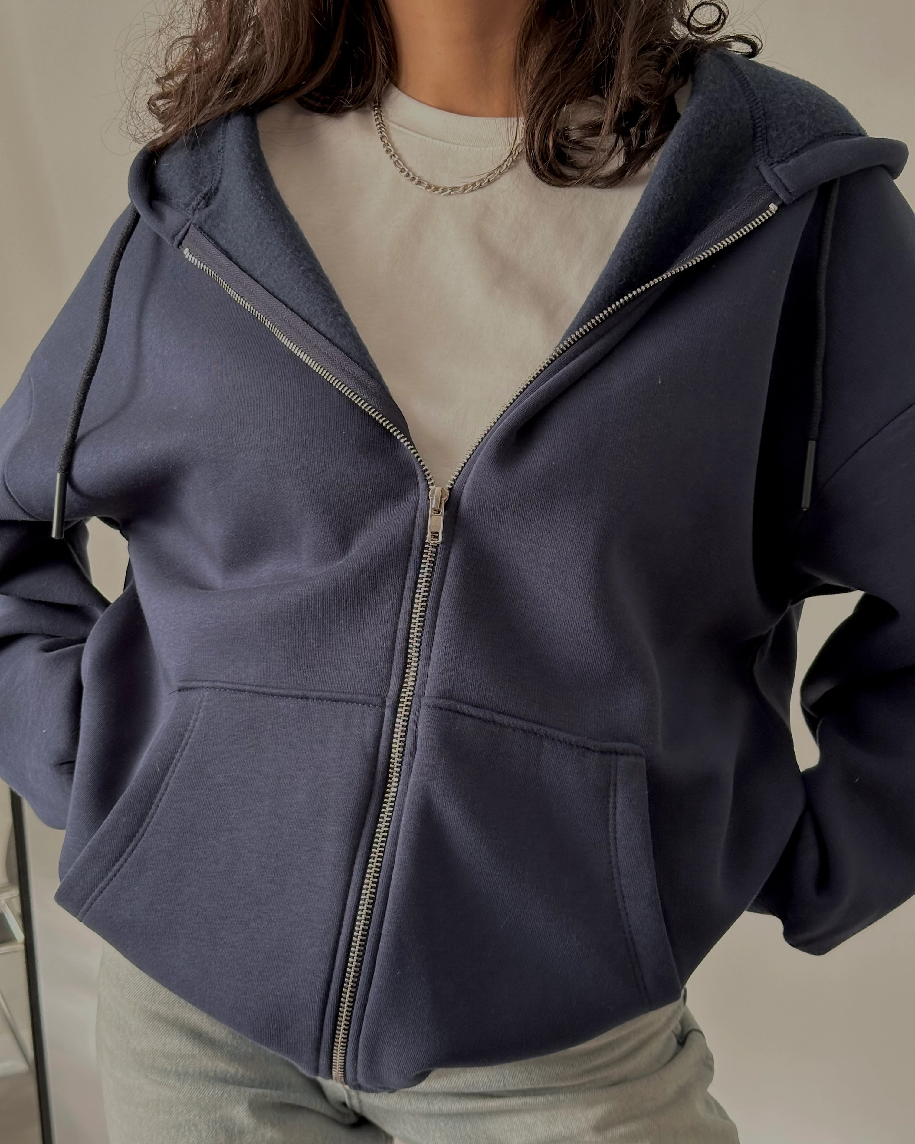Fermuarlı Kapüşonlu Oversize Sweatshirt - Indigo