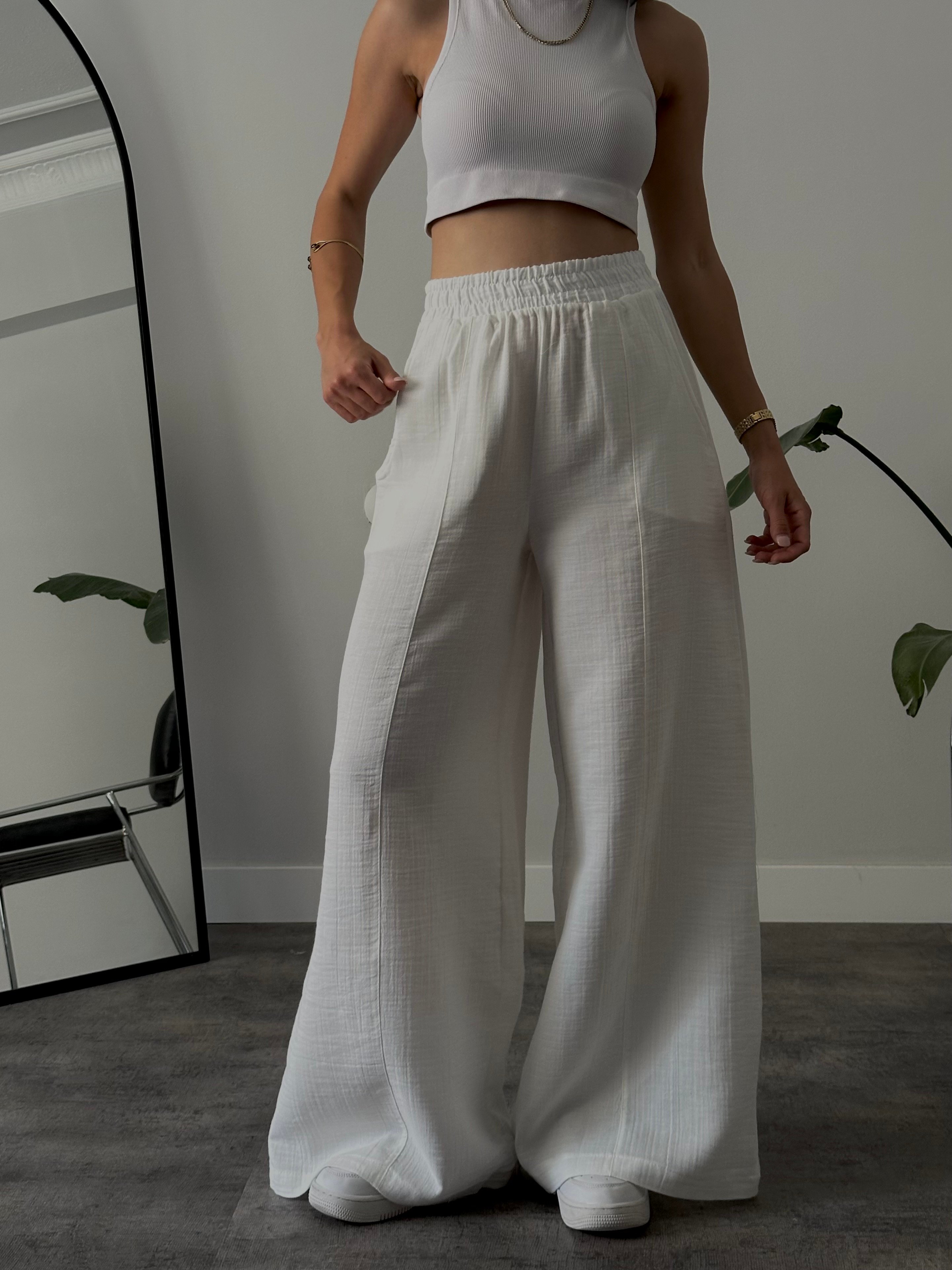 Yüksek Bel Wide Leg Müslin Pantolon - Beyaz