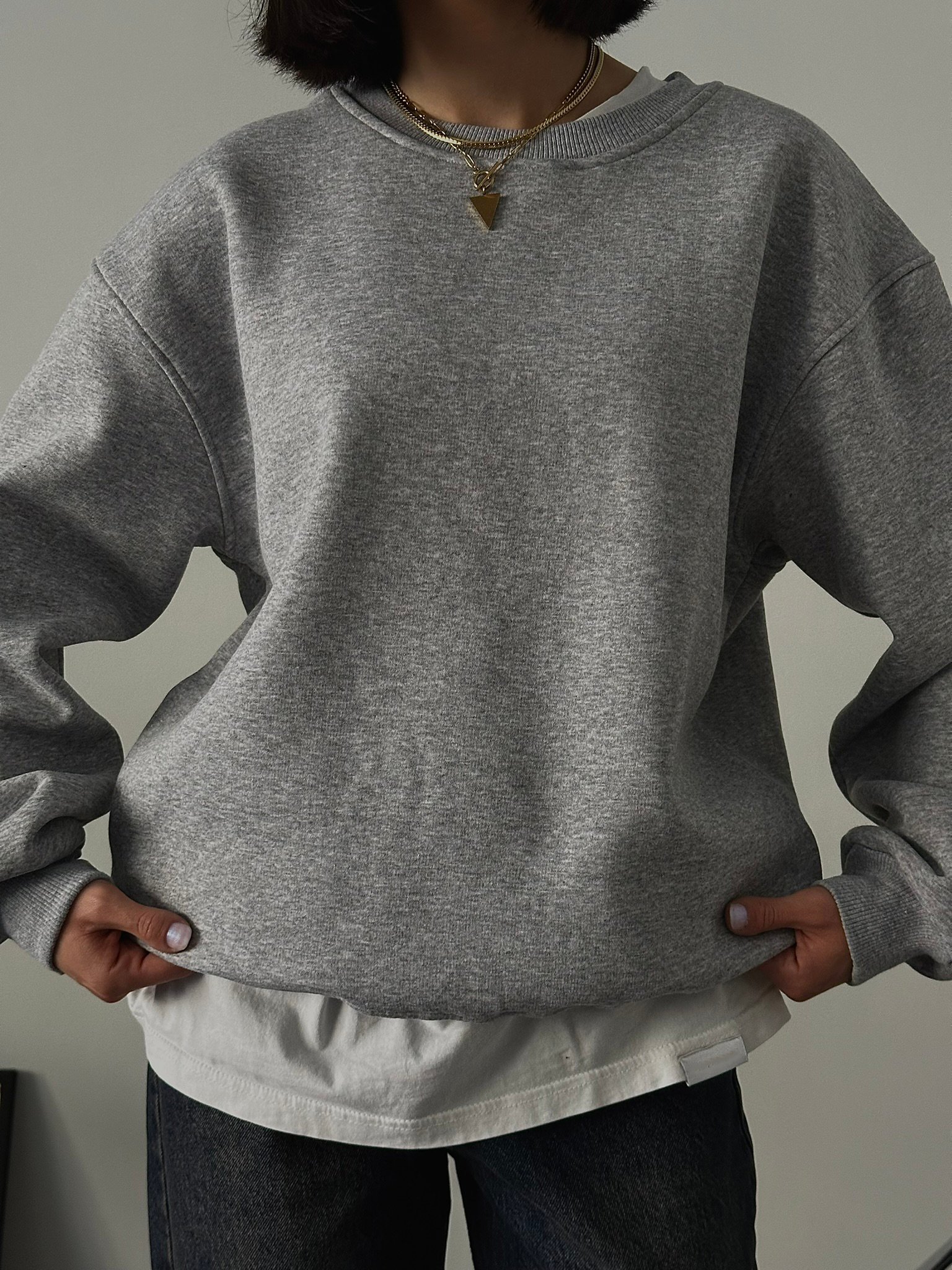 Oversize Kadın Bisiklet Yaka Basic Sweatshirt - Gri