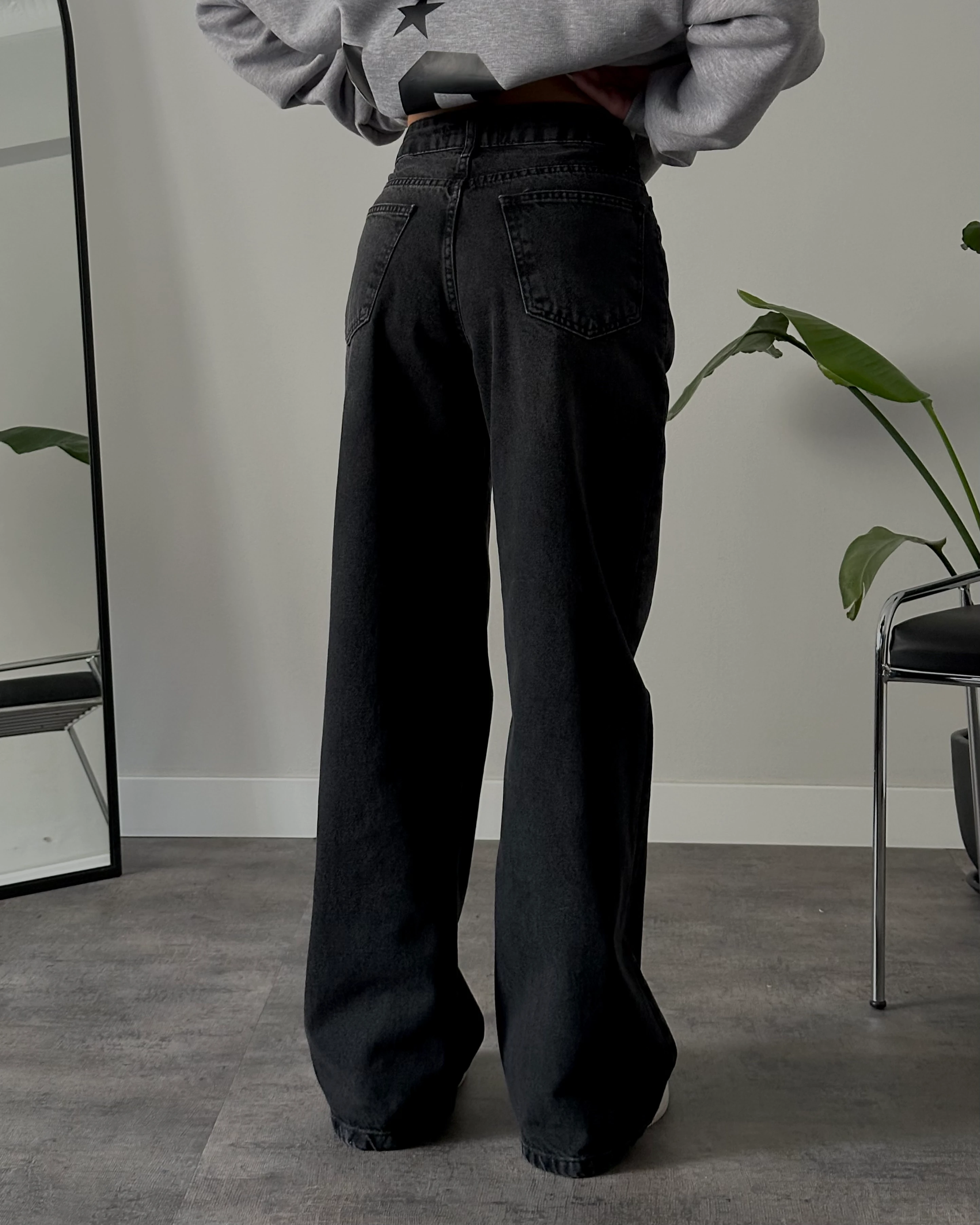 Unisex Yüksek Bel Yıkamalı Retro Baggy Jean