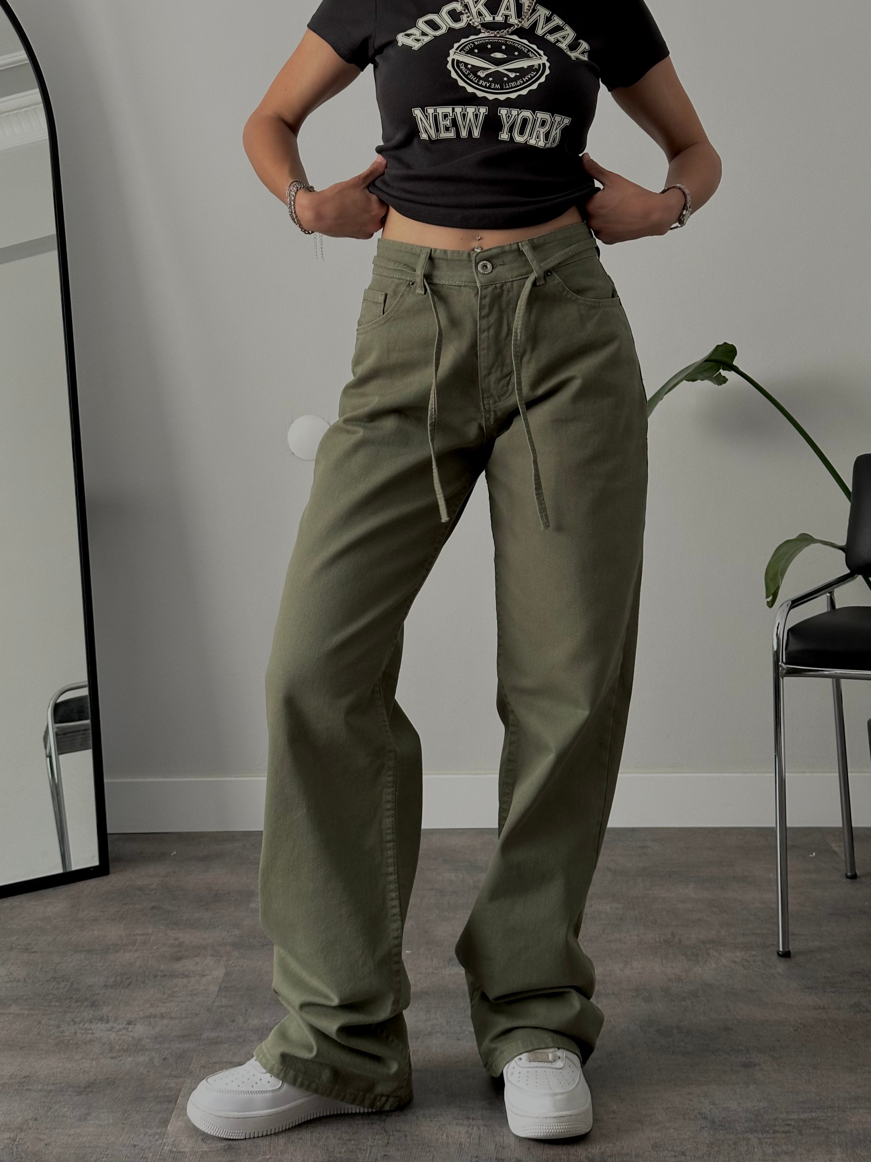 Yüksek Bel Lastikli Bağcıklı Mom Jean - Haki Denim