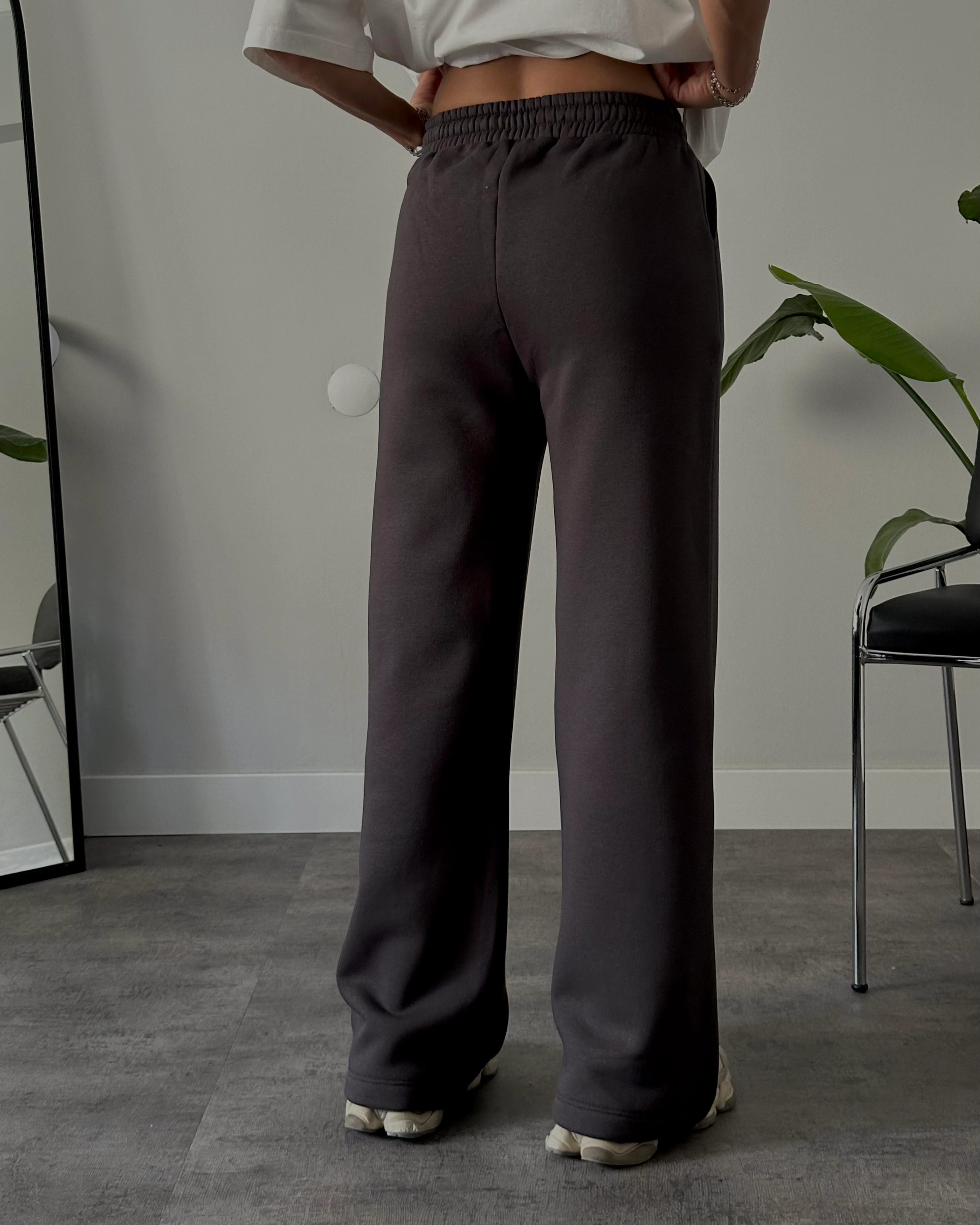 Yüksek Bel Şardonlu Rahat Kalıp Eşofman Altı - Antrasit