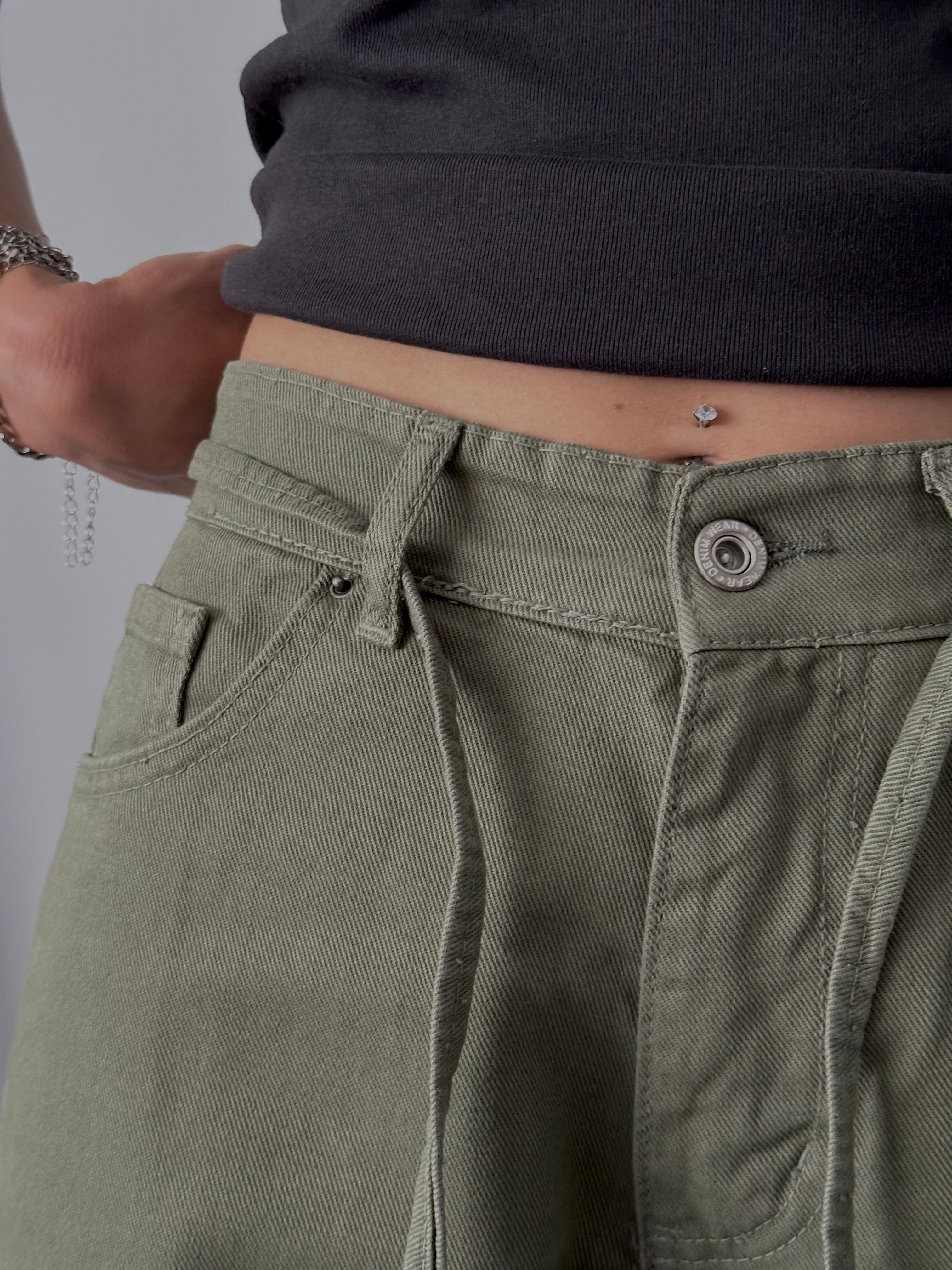 Yüksek Bel Lastikli Bağcıklı Mom Jean