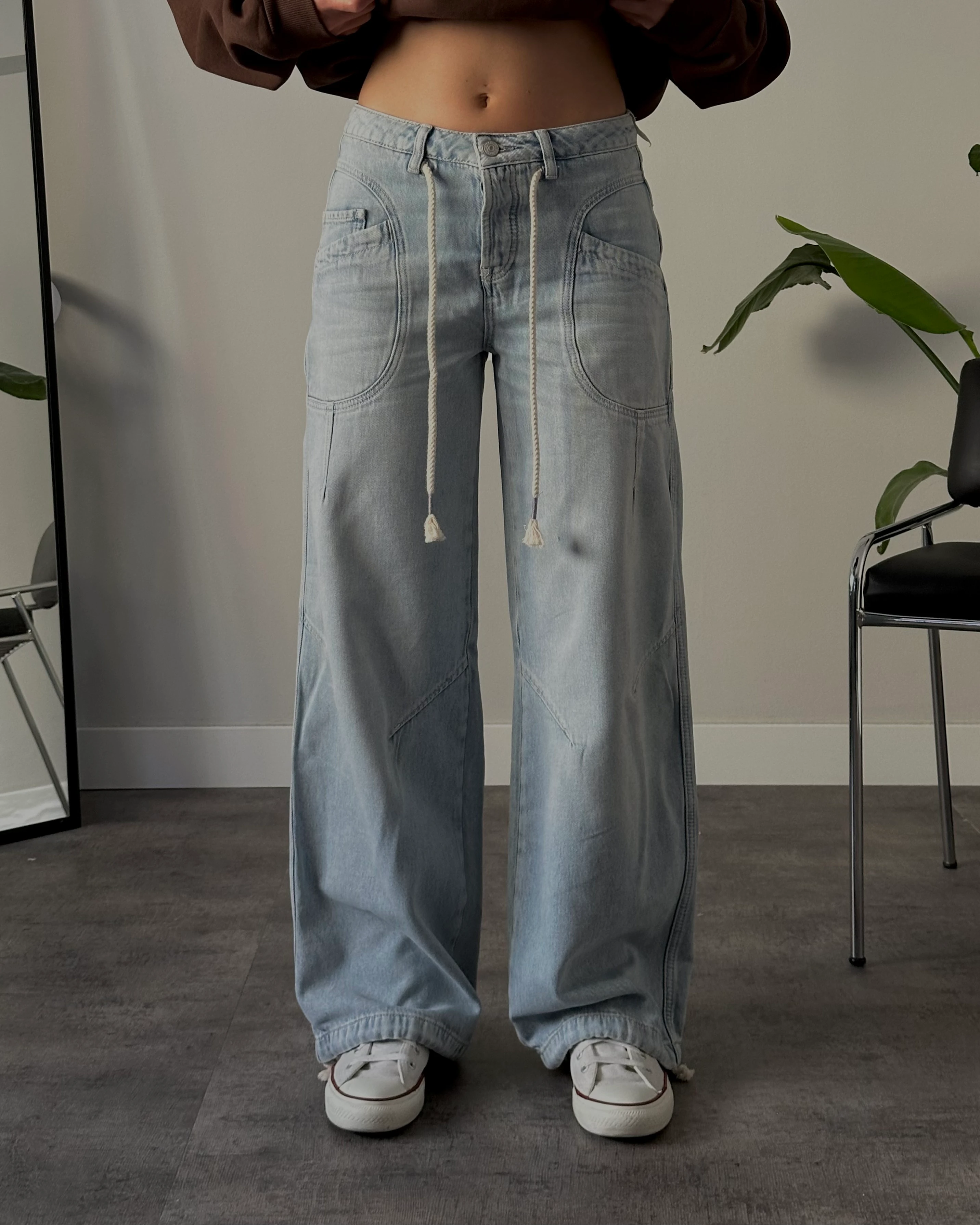 Orta Bel Relaxed Büzgülü Paça Jean - (Hatalı Ürün) - Açık Mavi Denim