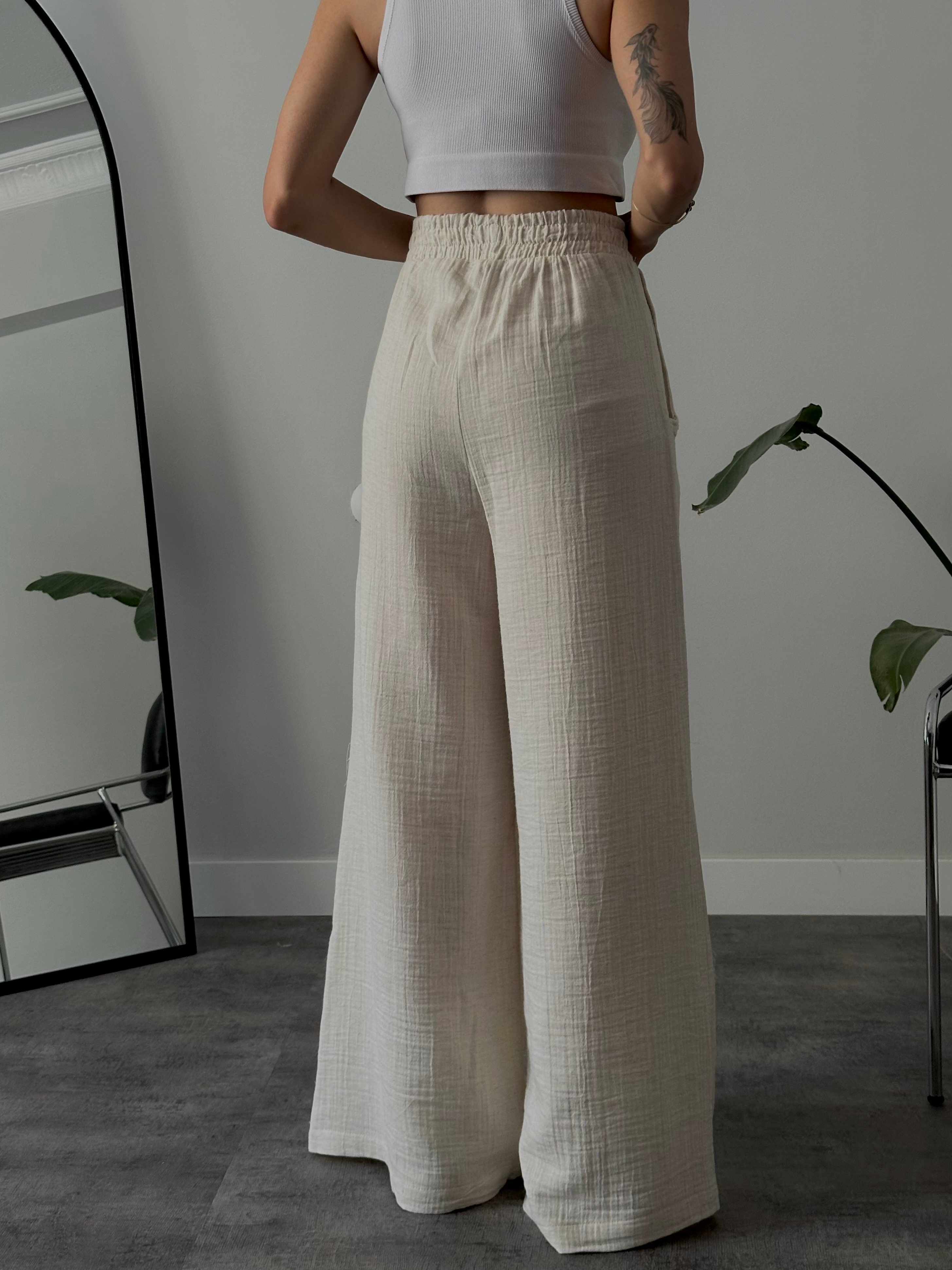 Yüksek Bel Wide Leg Müslin Pantolon - Bej