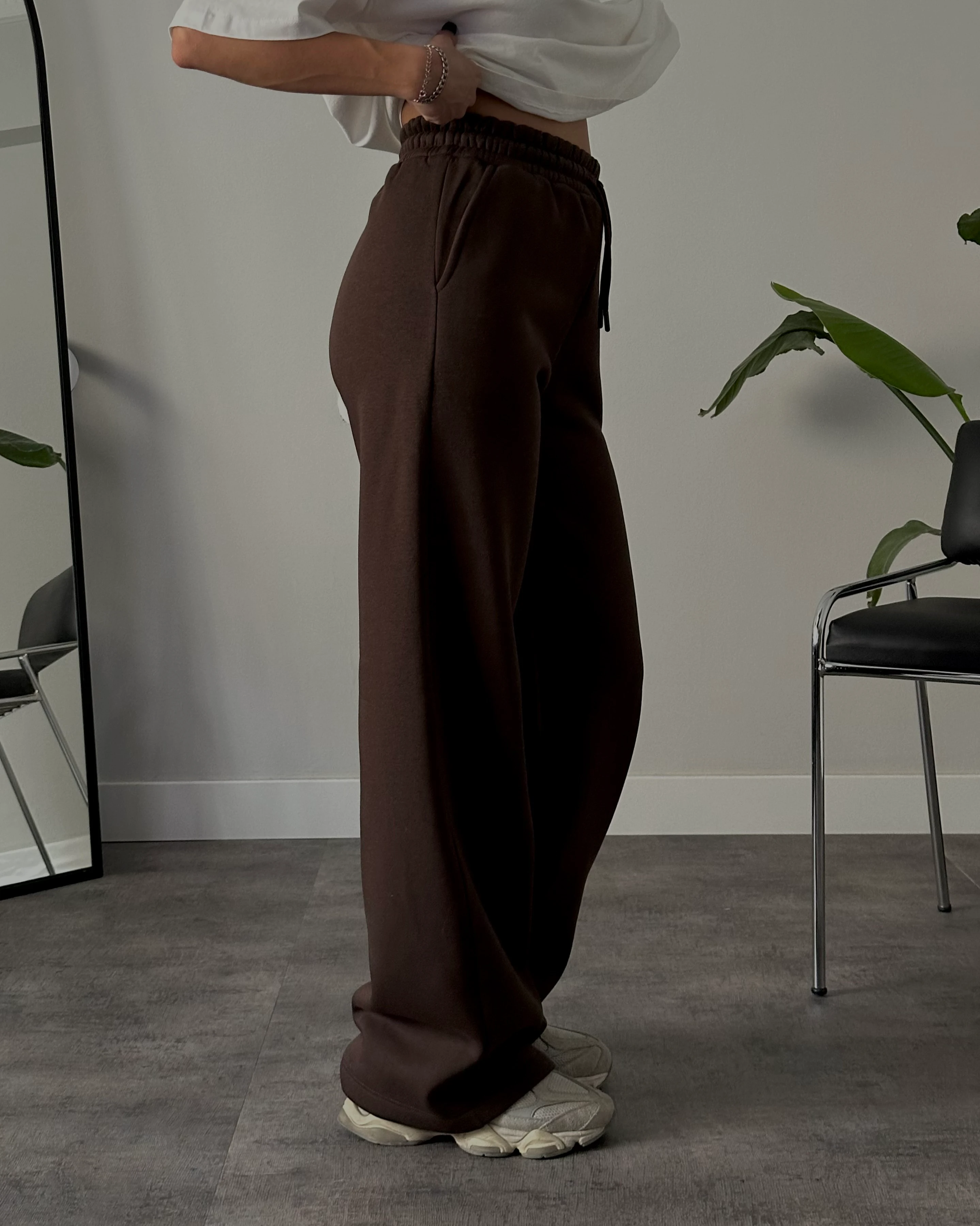 Yüksek Bel Şardonlu Rahat Kalıp Eşofman Altı - Kahverengi