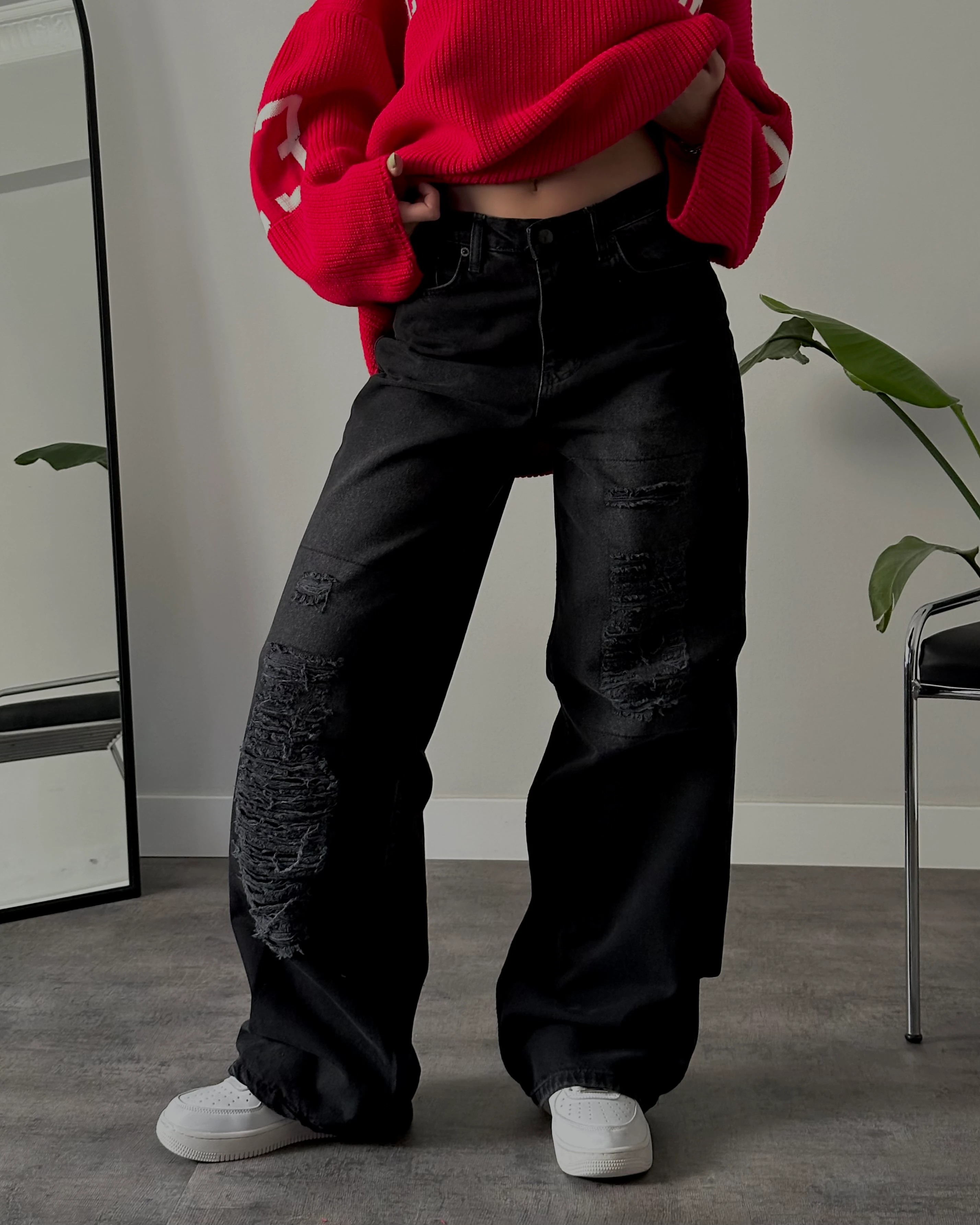 Yüksek Bel Aşırı Yırtık Baggy Jean - Siyah Yıkamalı Denim