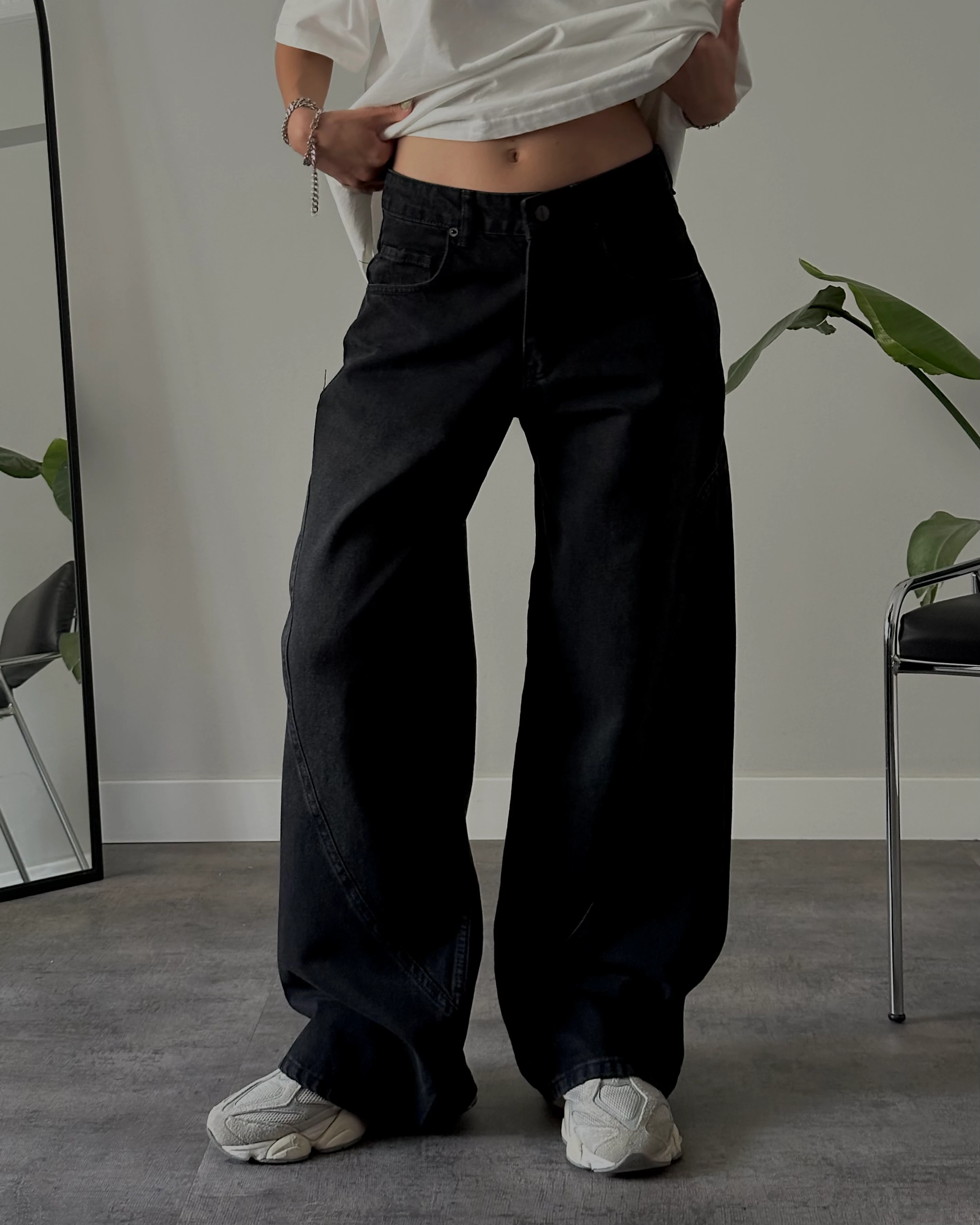 Yüksek Bel Siyah Kavis Dikişli Retro Baggy Jean