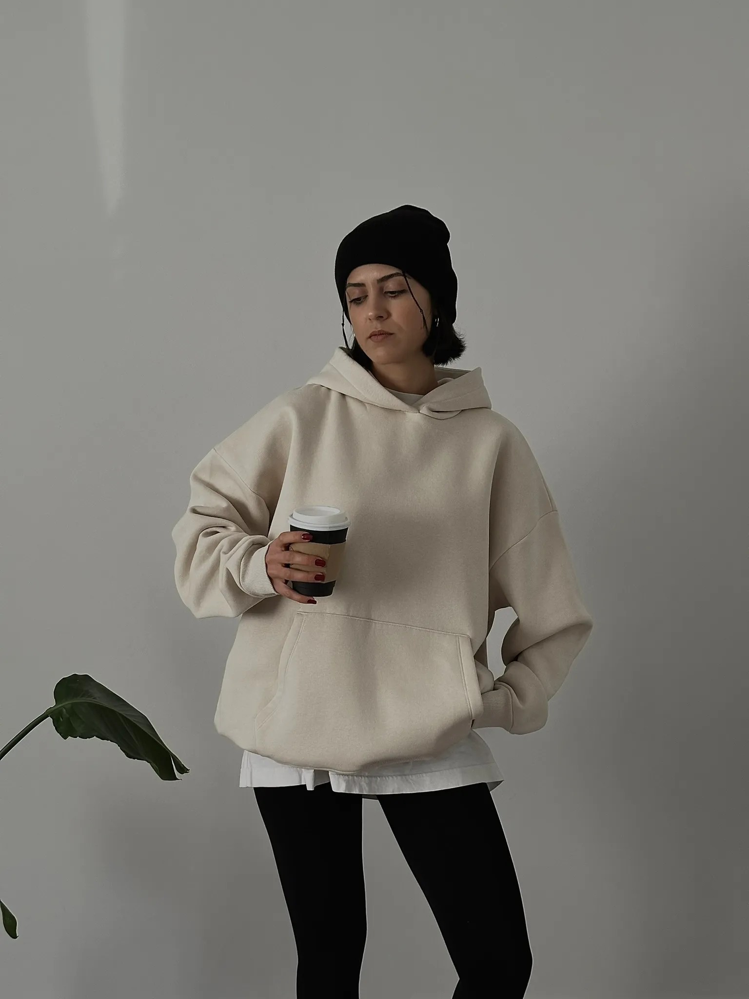 Oversize Kadın Kapüşonlu Sweatshirt - Bej