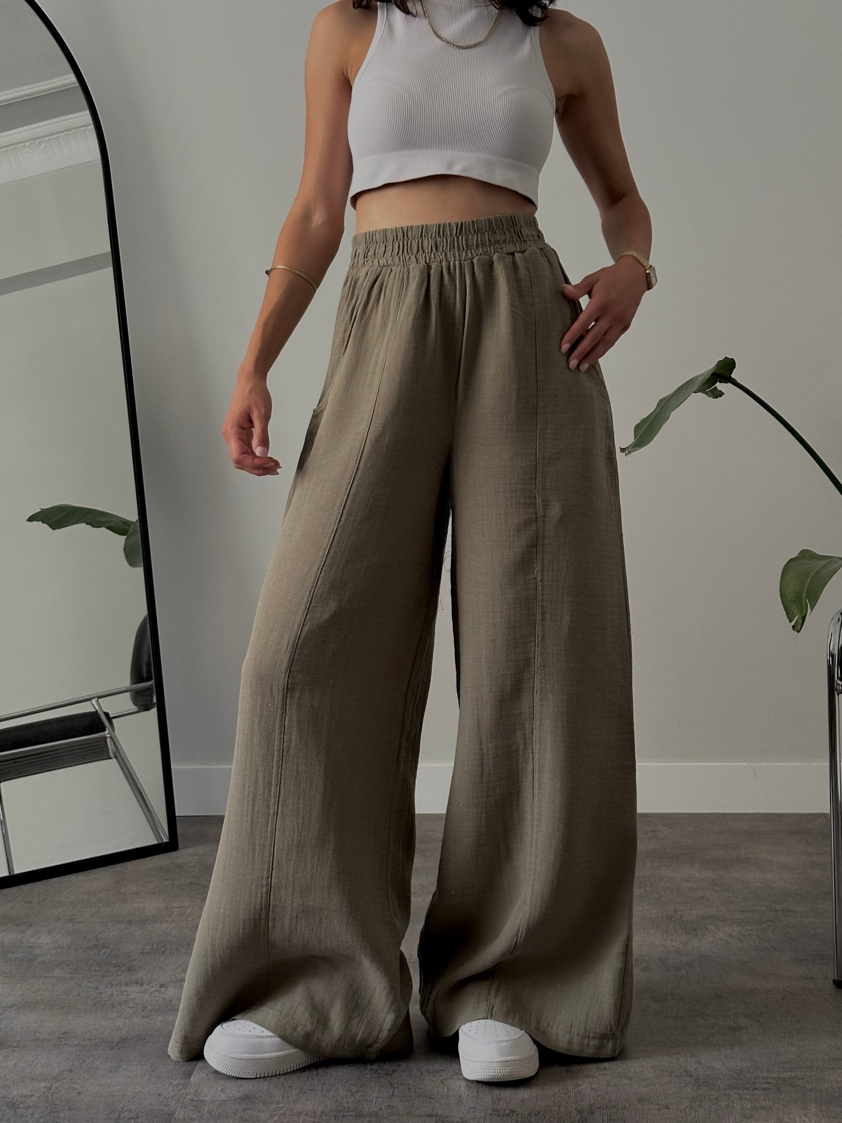 Yüksek Bel Wide Leg Müslin Pantolon - Haki