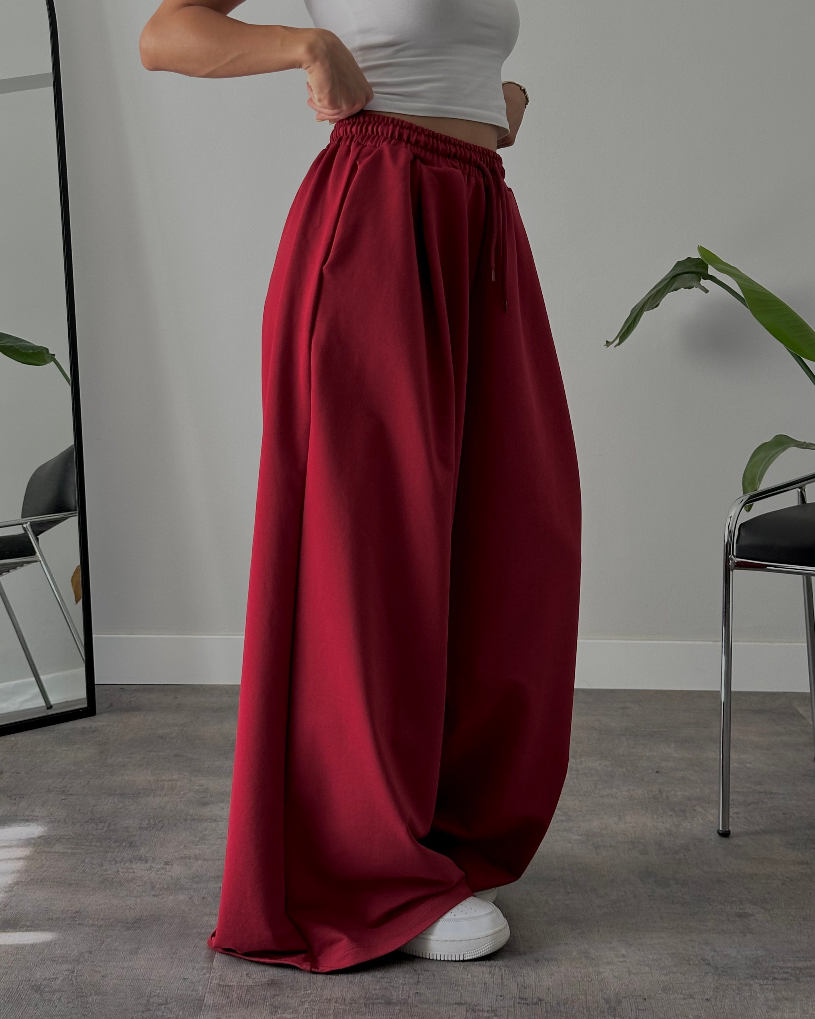 Yüksek Bel Extra Oversize Eşofman Altı - Burgundy