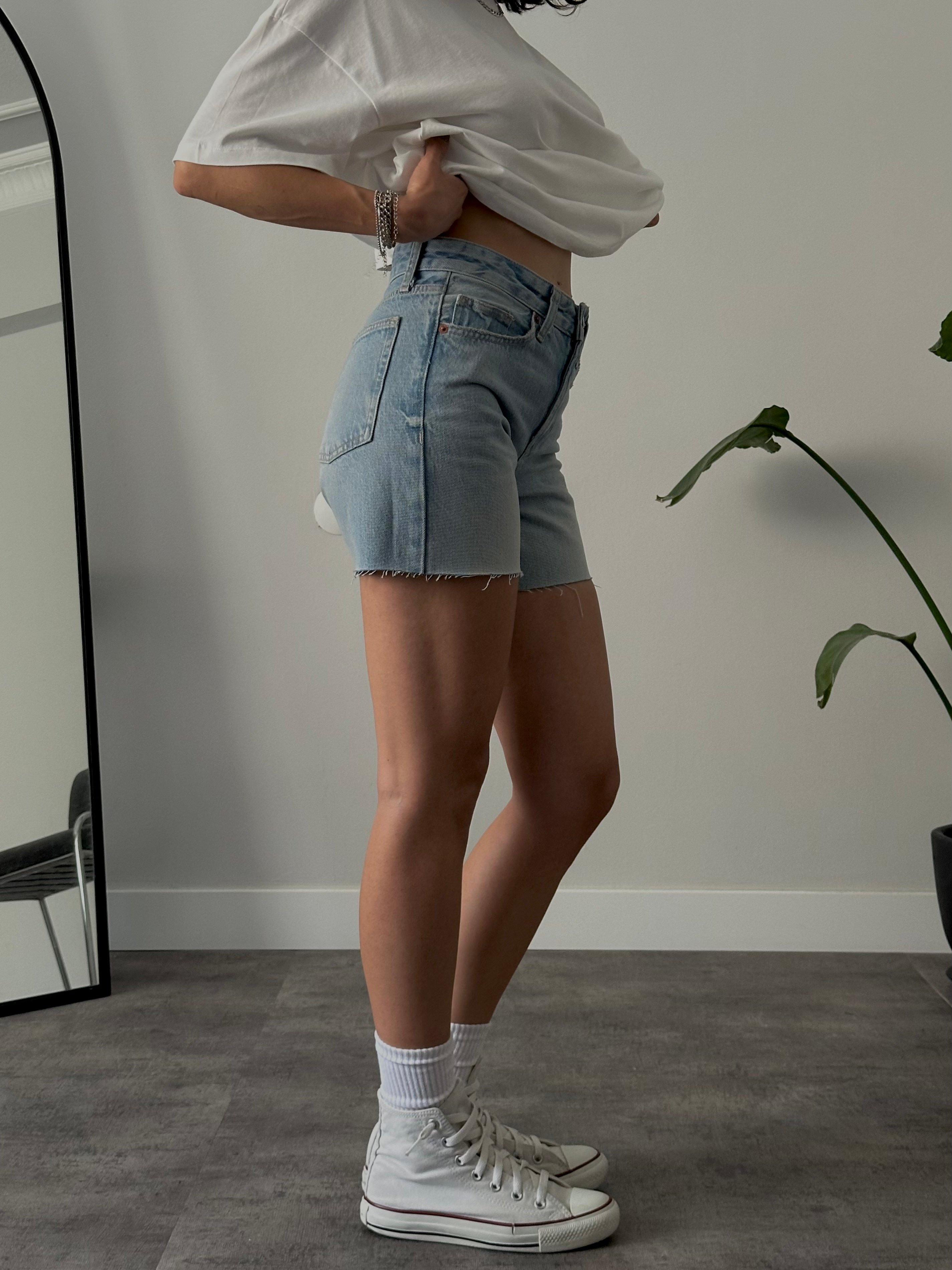 Yüksek Bel Denim Şort - Vintage Mavi Denim