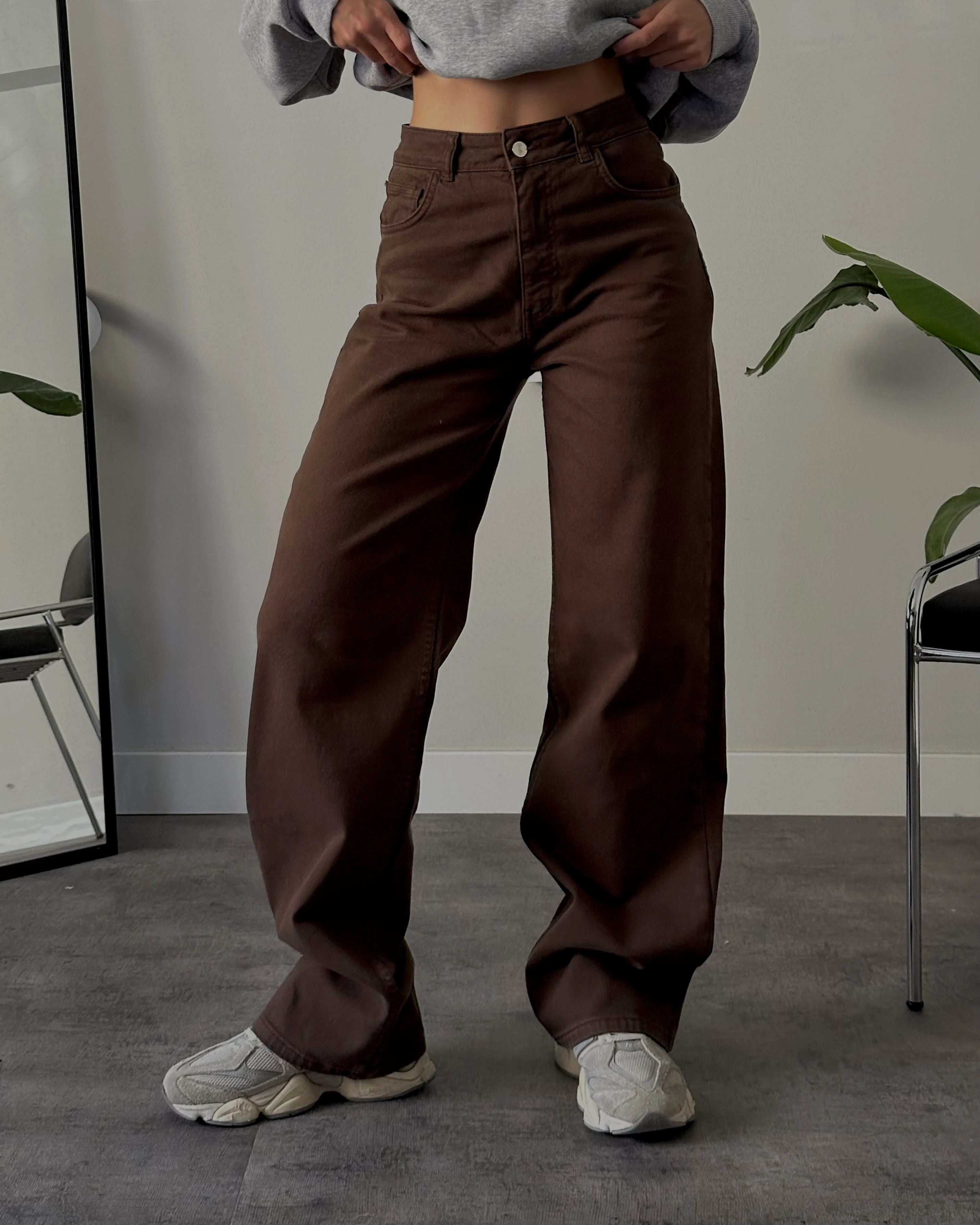 Yüksek Bel Koyu Kahve Wide Leg Jean