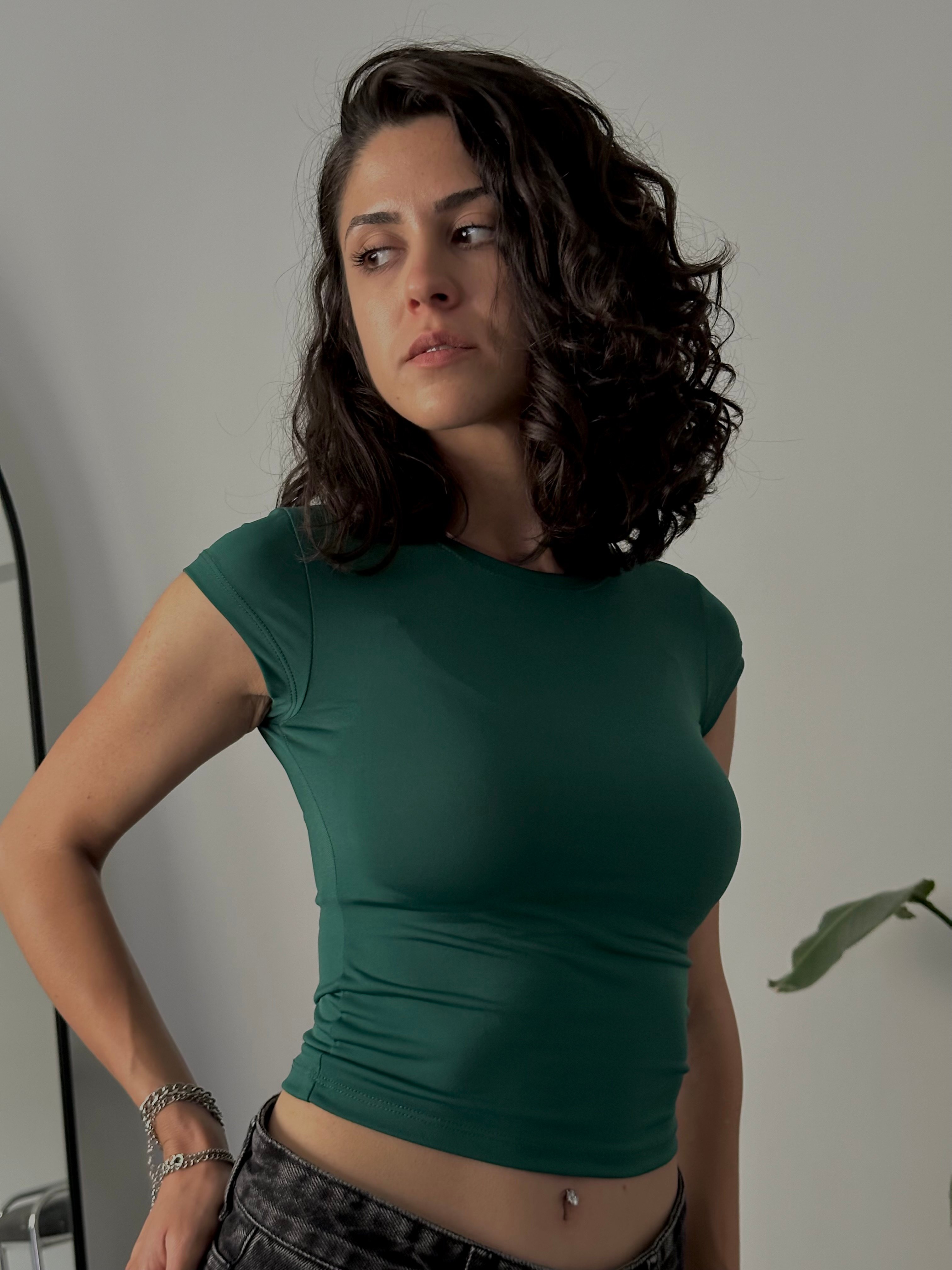 Slim Fit Basic Kısa Kollu Crop  - Yeşil
