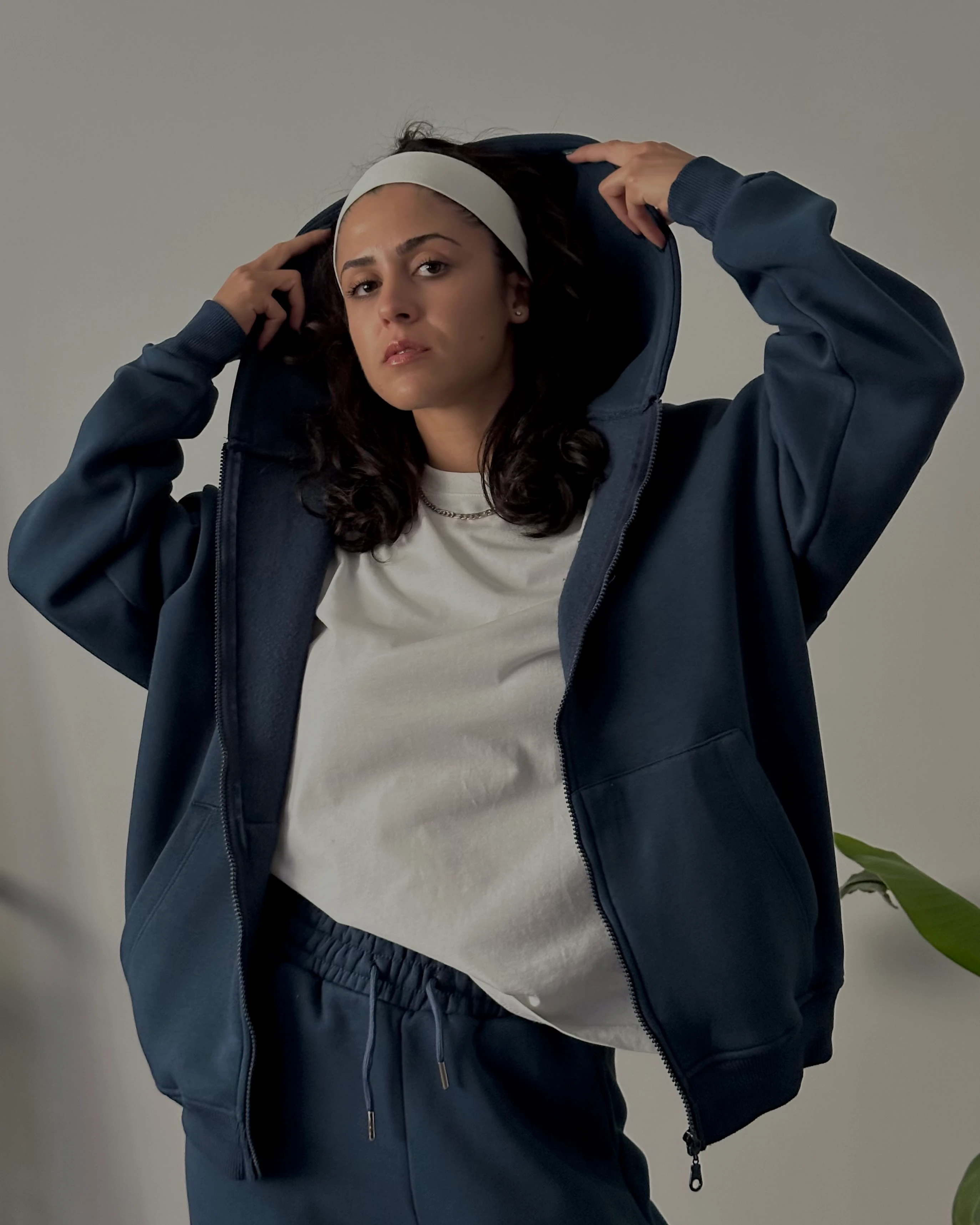 Fermuarlı Kapüşonlu Oversize Kadın Sweatshirt - İndigo