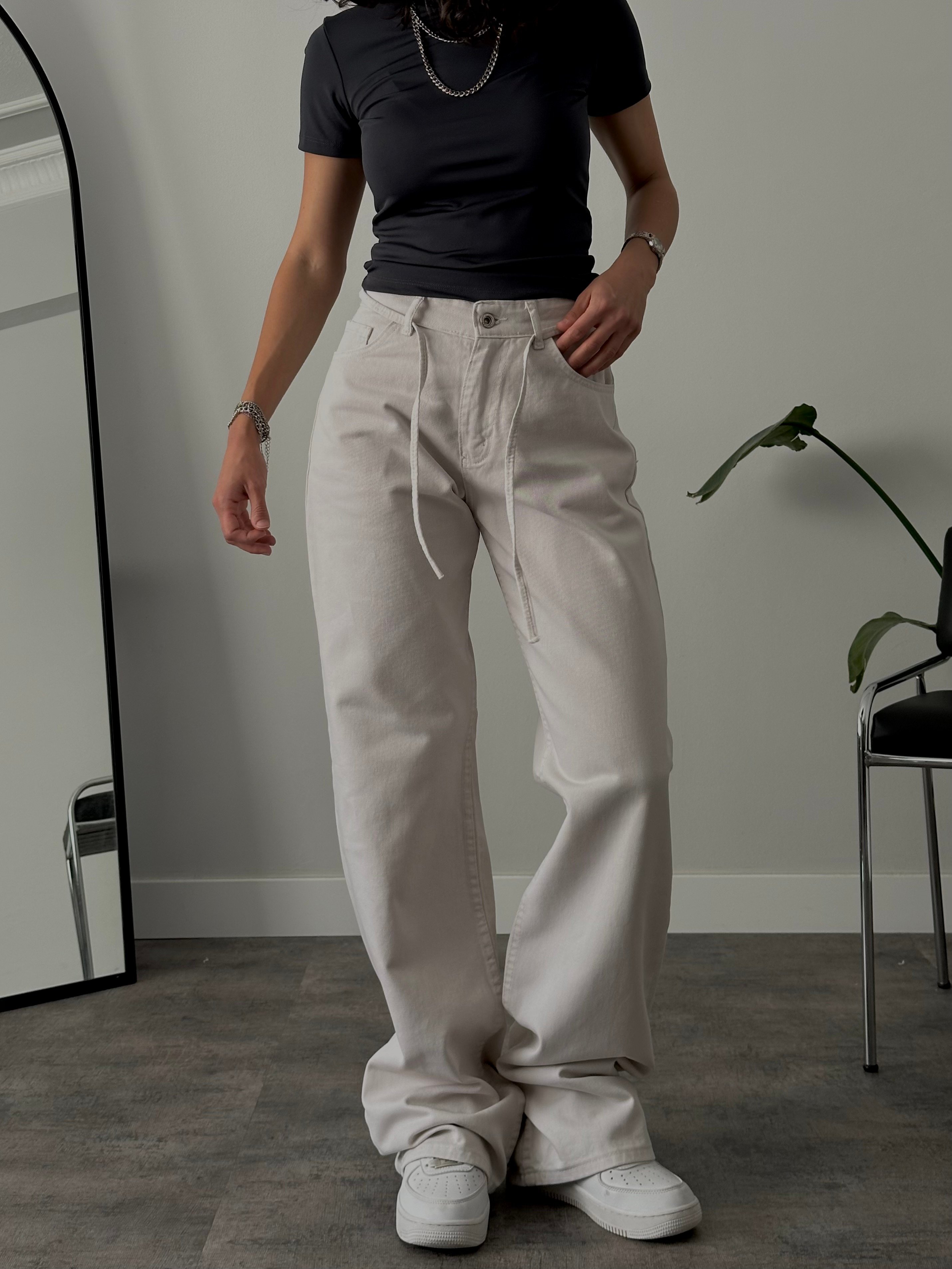 Yüksek Bel Lastikli Bağcıklı Mom Jean - Taş Rengi Denim