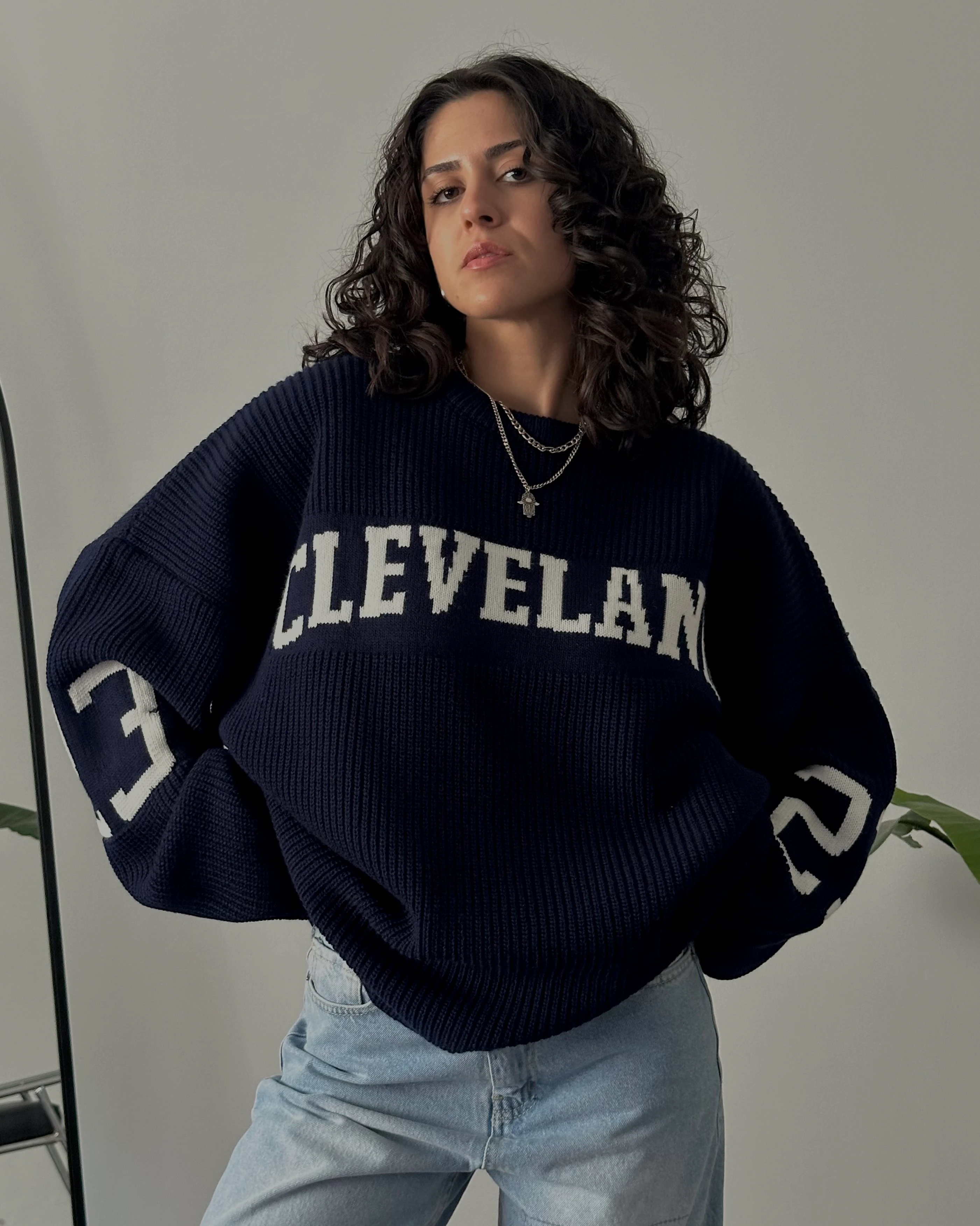 Oversize Cleveland Kolej Triko Kazak - Lacivert
