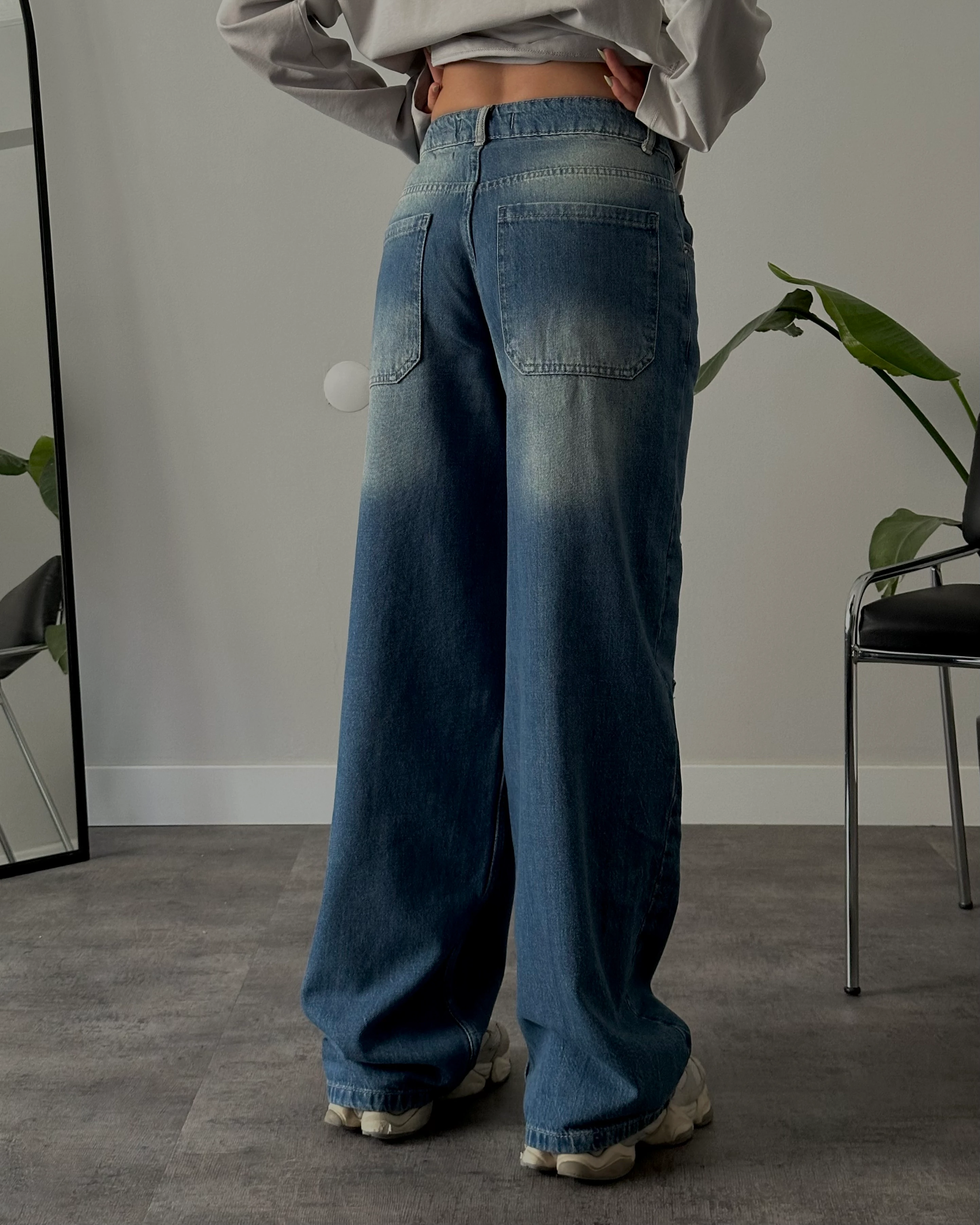 Yüksek Bel Mavi Dizi Yamalı Retro Baggy Jean