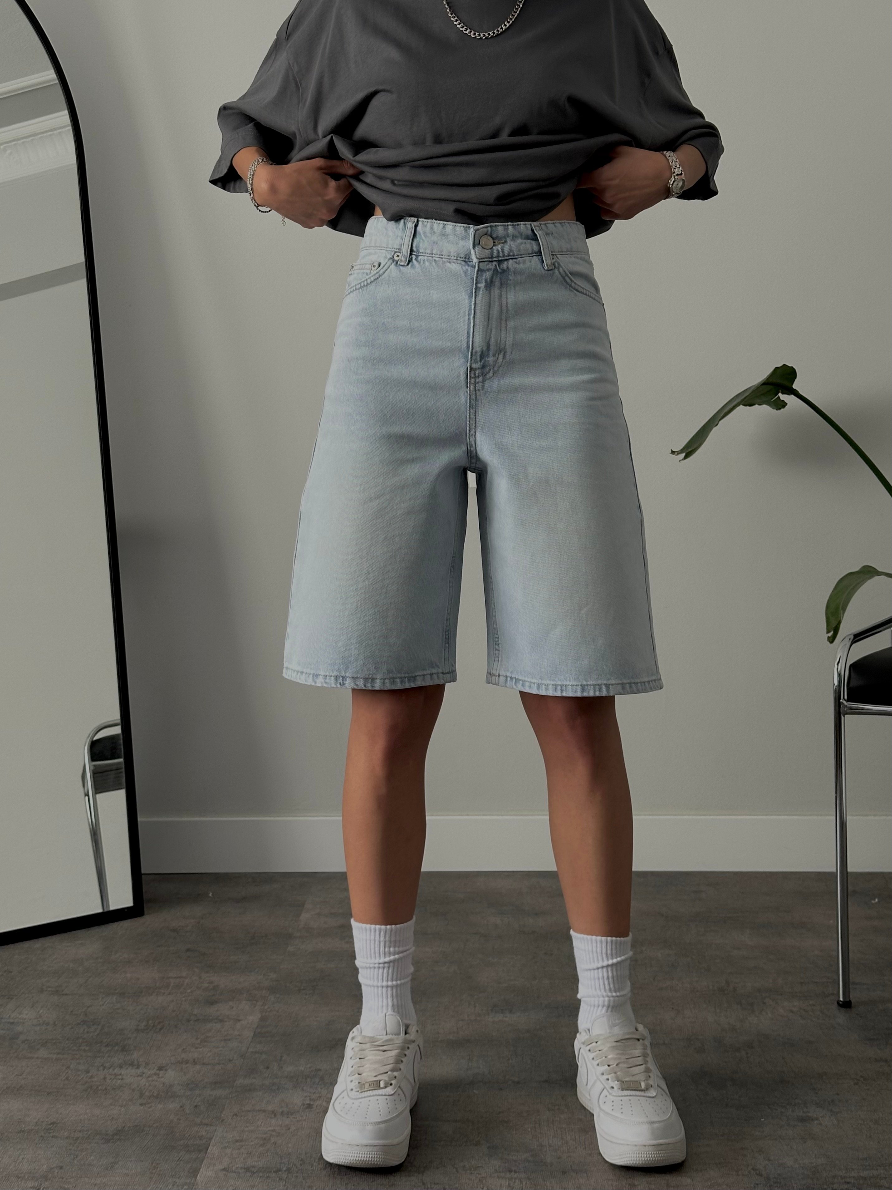 Yüksek Bel Sky Blue Straight Denim Şort
