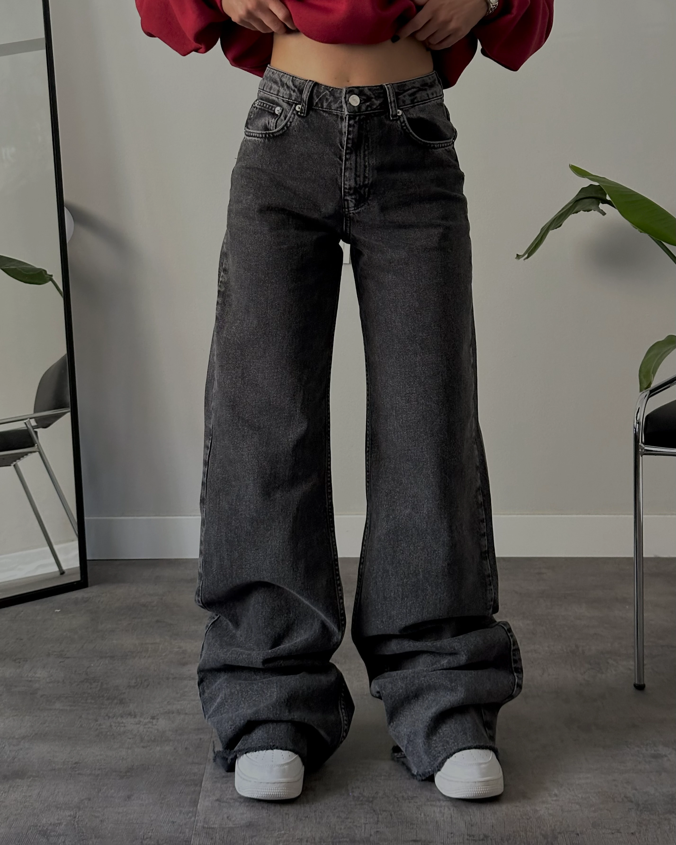 Yüksek Bel Koyu Gri Wide Leg Jean