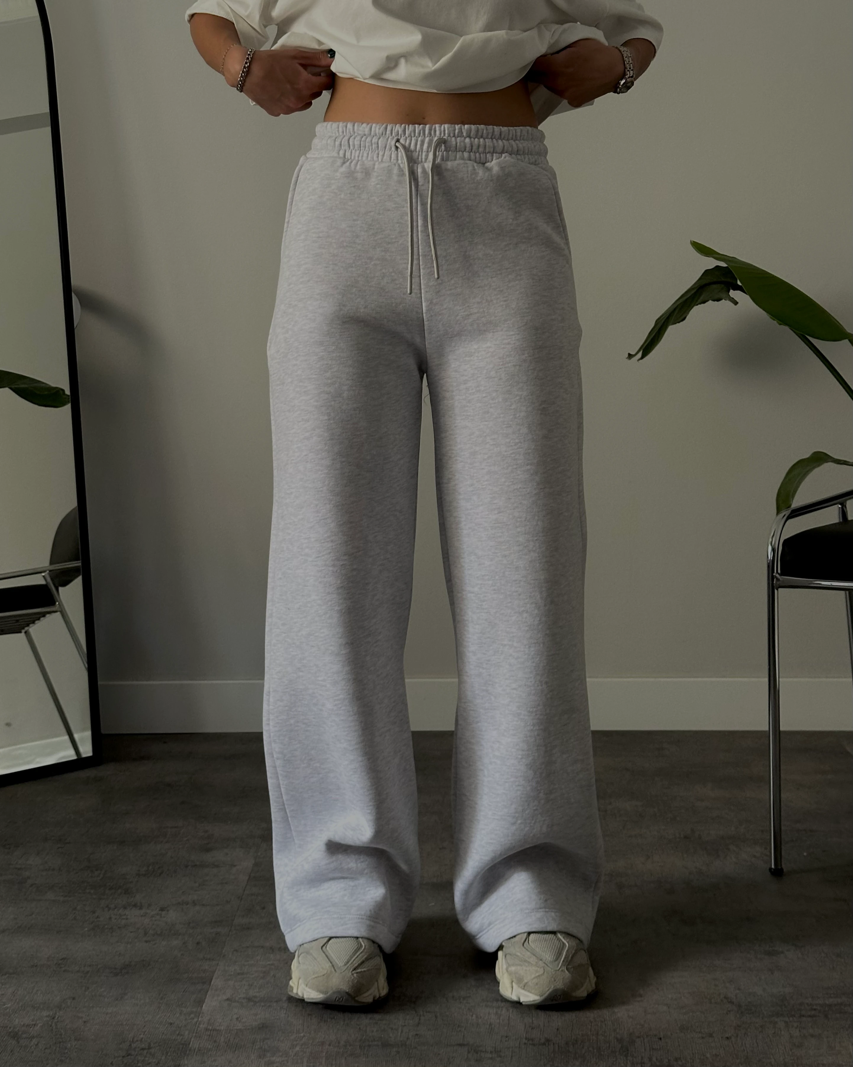 Yüksek Bel Şardonlu Rahat Kalıp Eşofman Altı - Gri