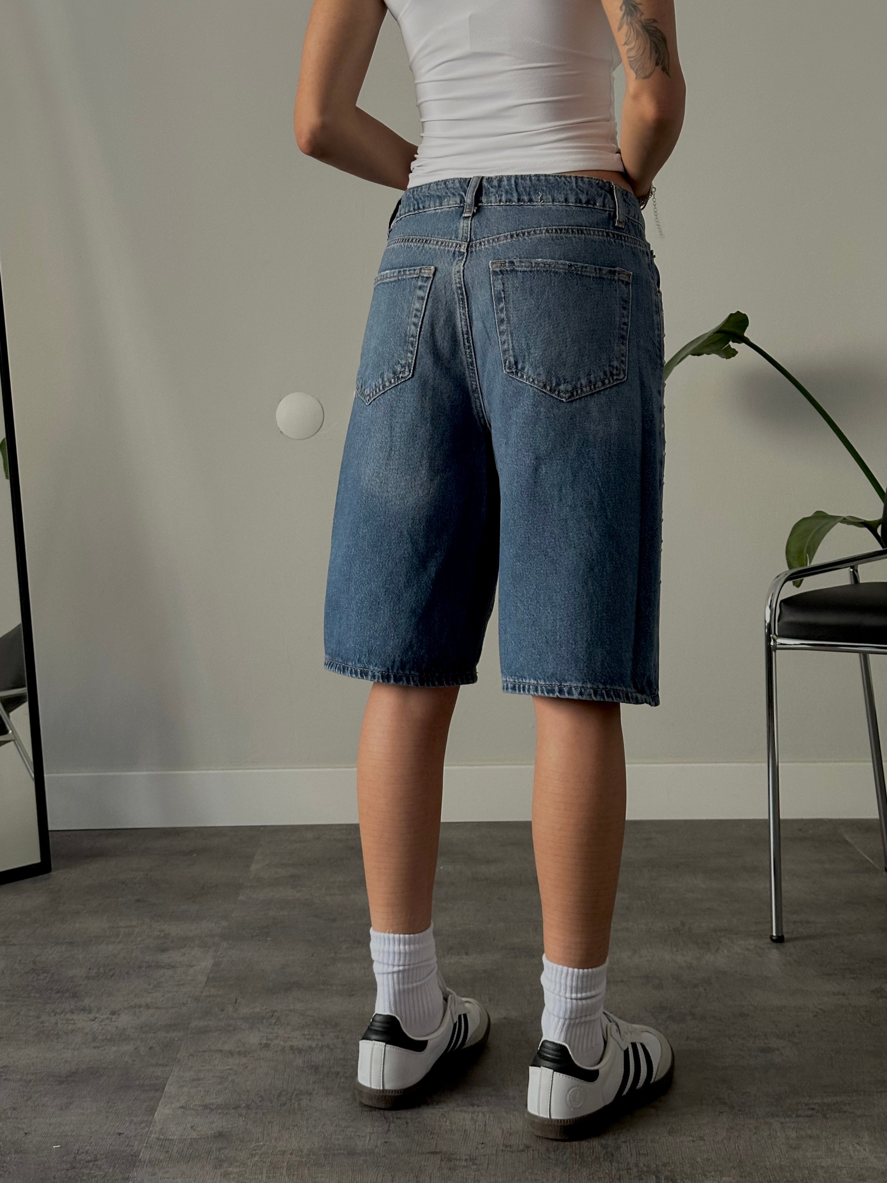 Zımba Detaylı Relaxed Fit Jort Denim Bermuda