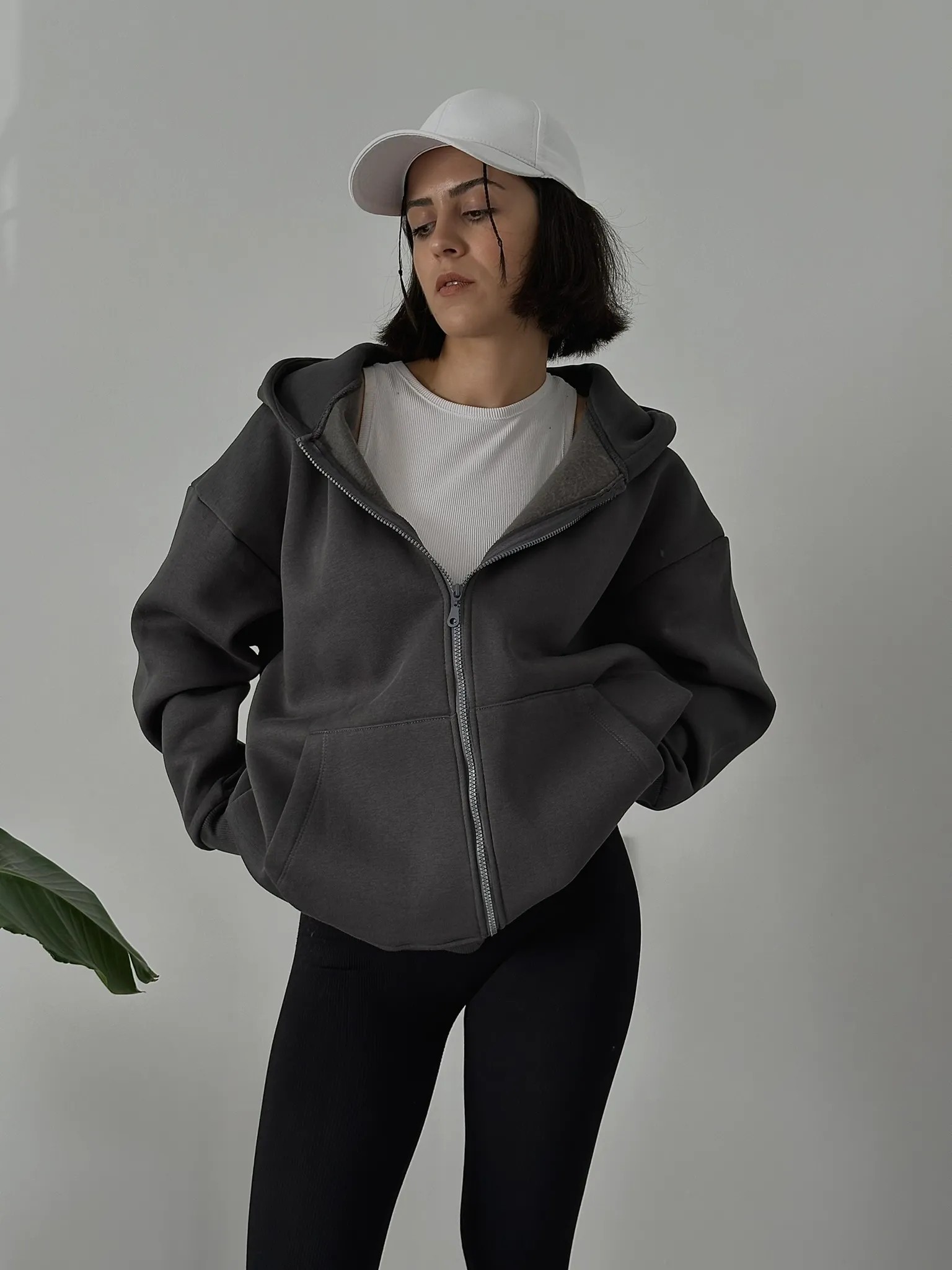 Fermuarlı Kapüşonlu Oversize Kadın Sweatshirt - Antrasit