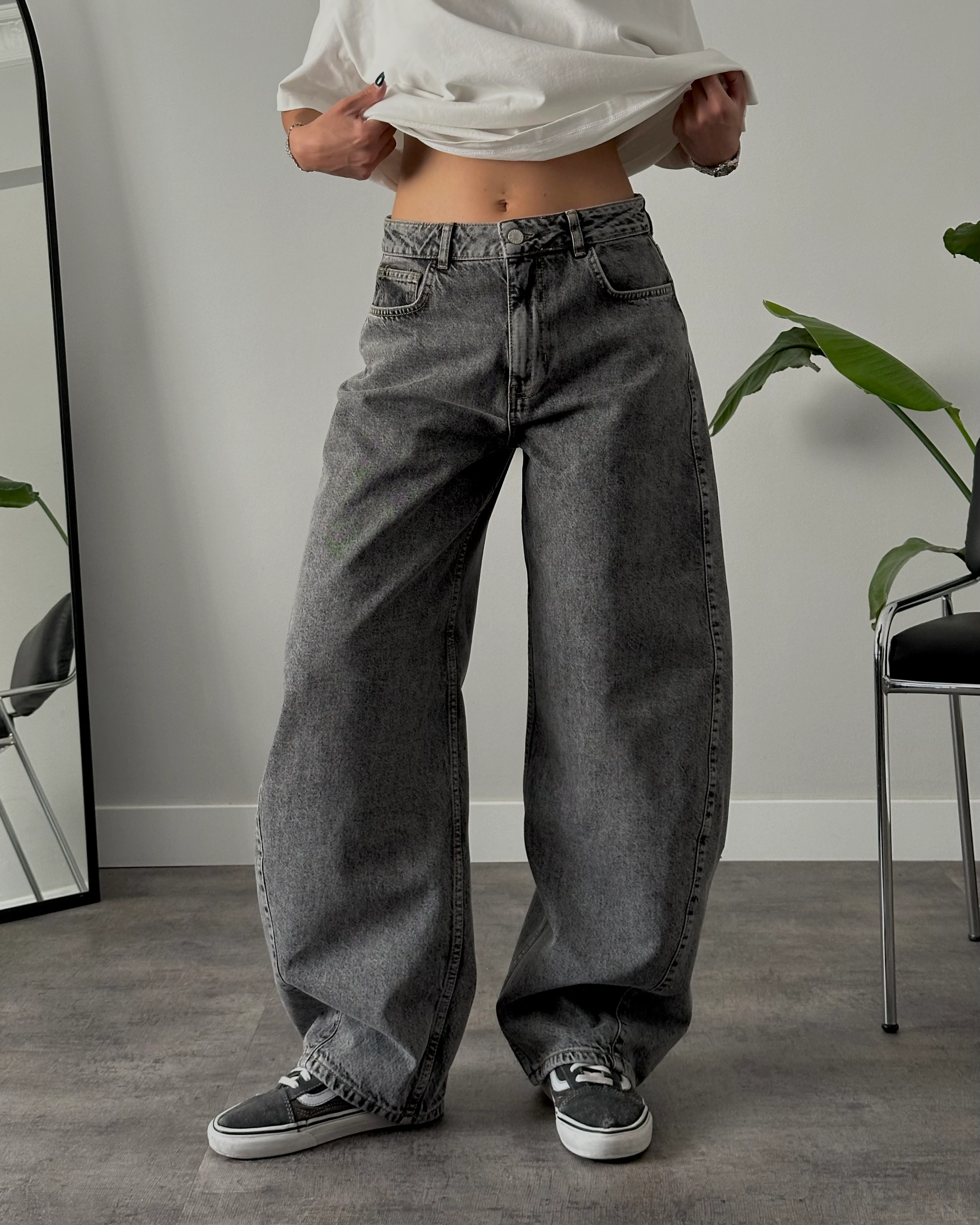 Orta Bel Gri Taş Yıkamalı Baggy Fit Jean