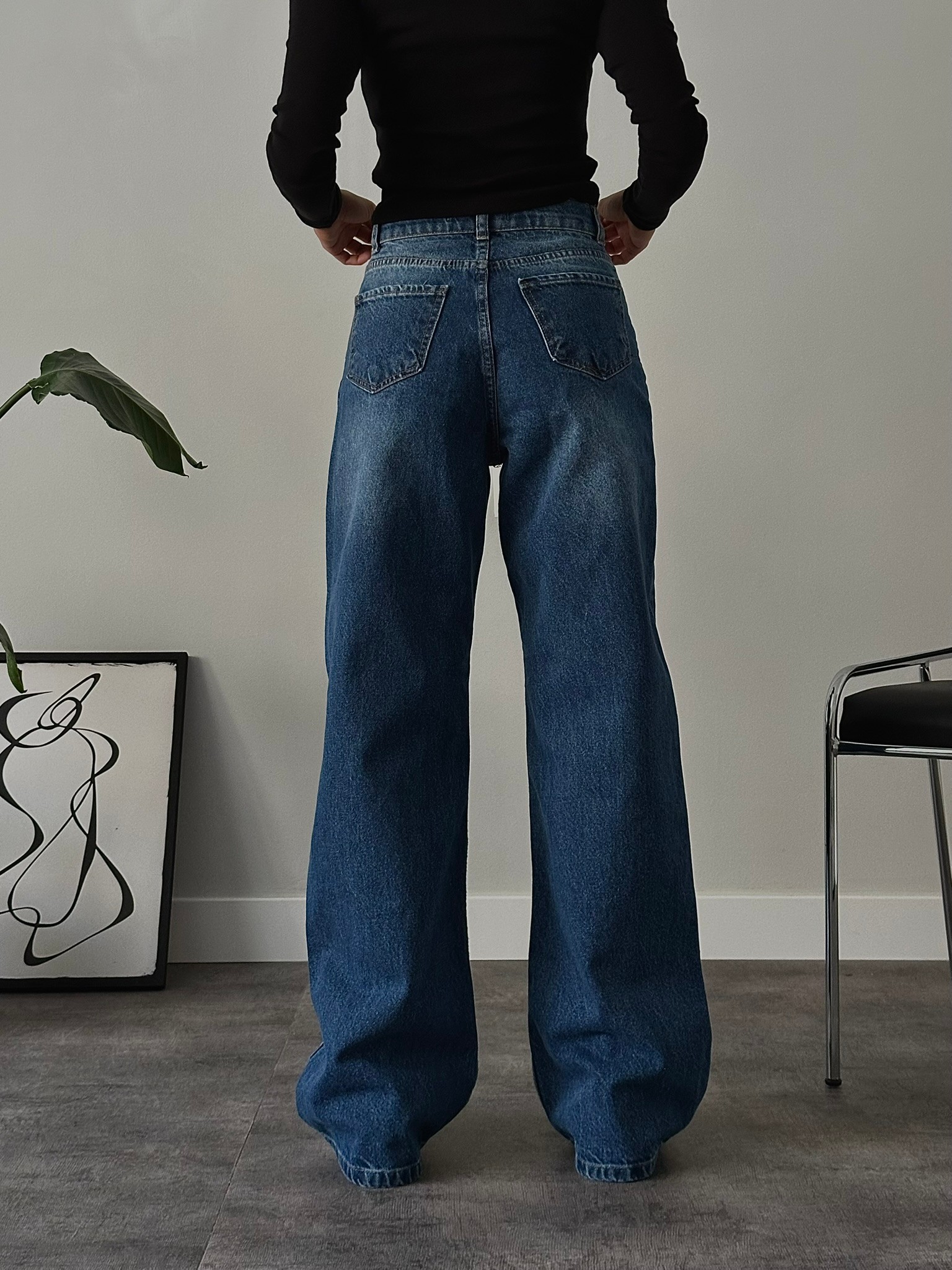 Yüksek Bel Yıkamalı Extra Wide Leg Jean - Koyu Mavi Denim