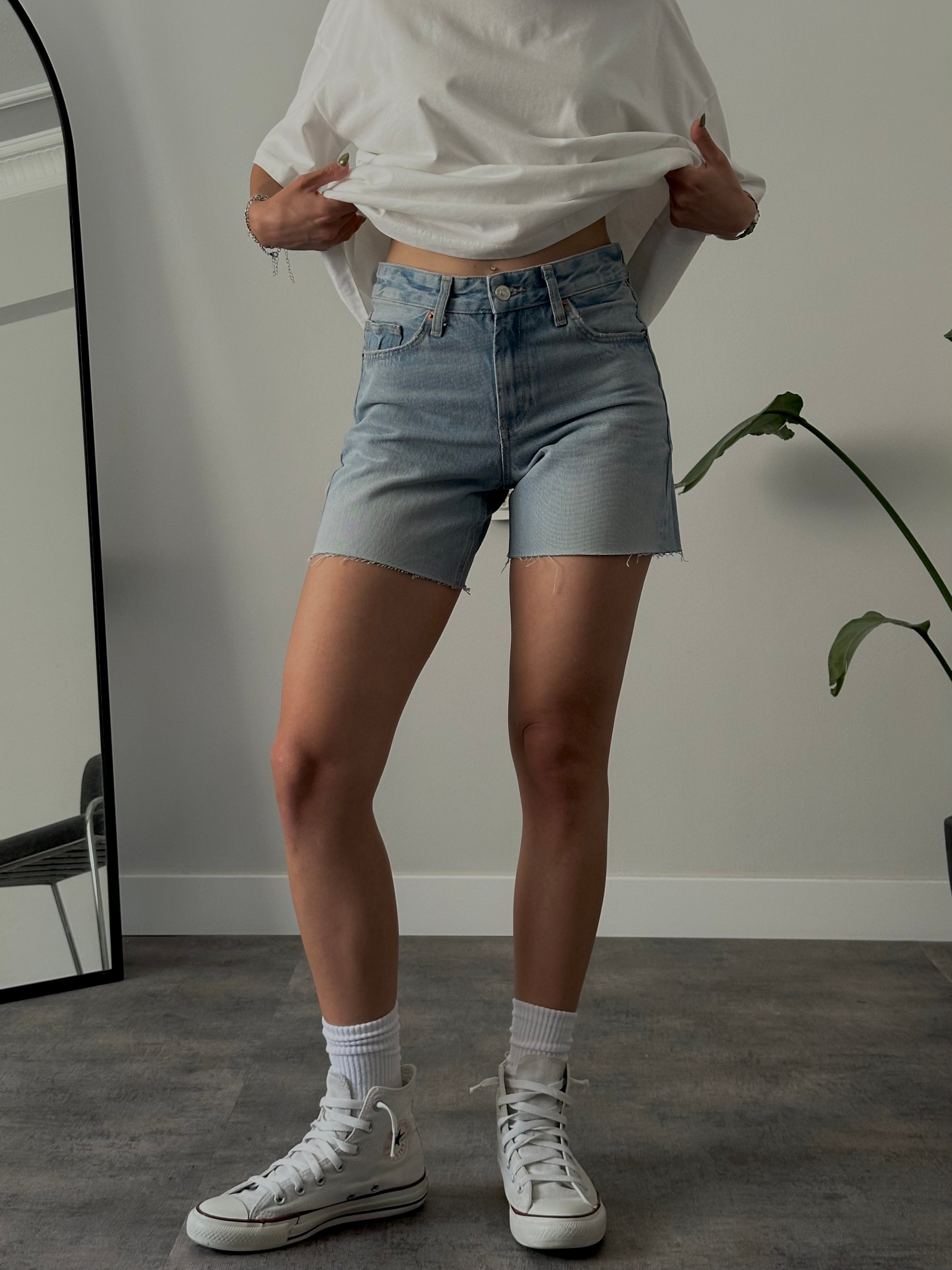Yüksek Bel Denim Şort - Vintage Mavi Denim