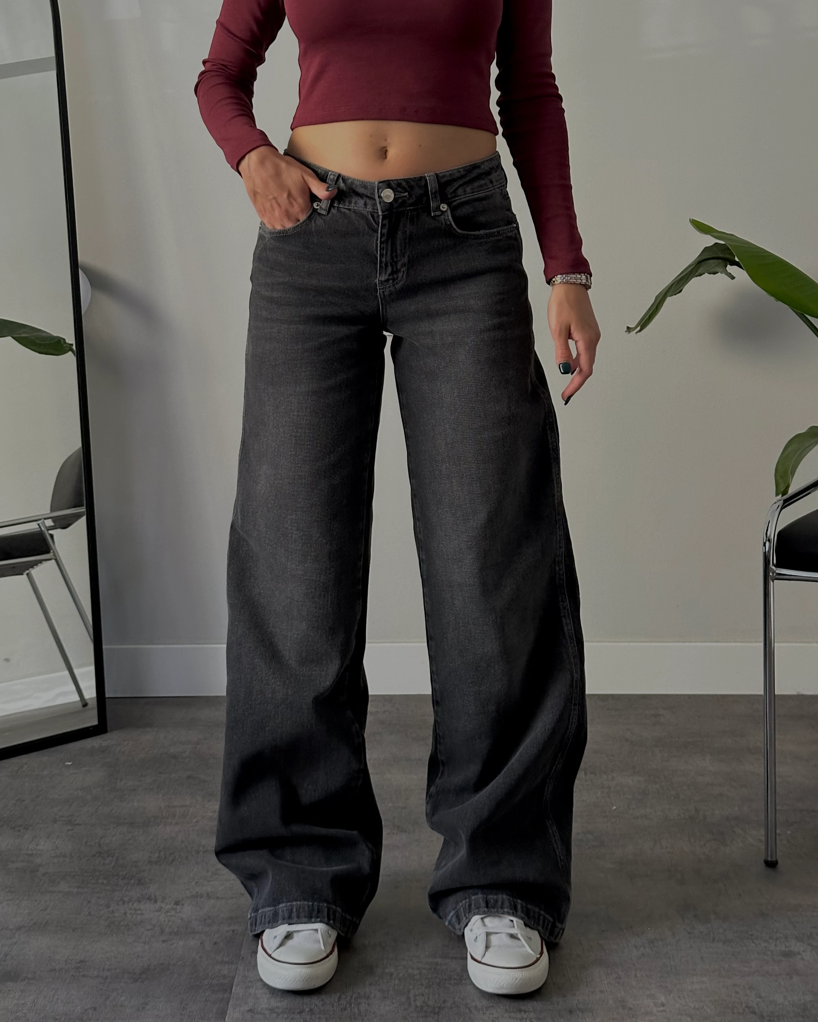 90's Düşük Bel Straight Jean - Soluk Siyah Denim