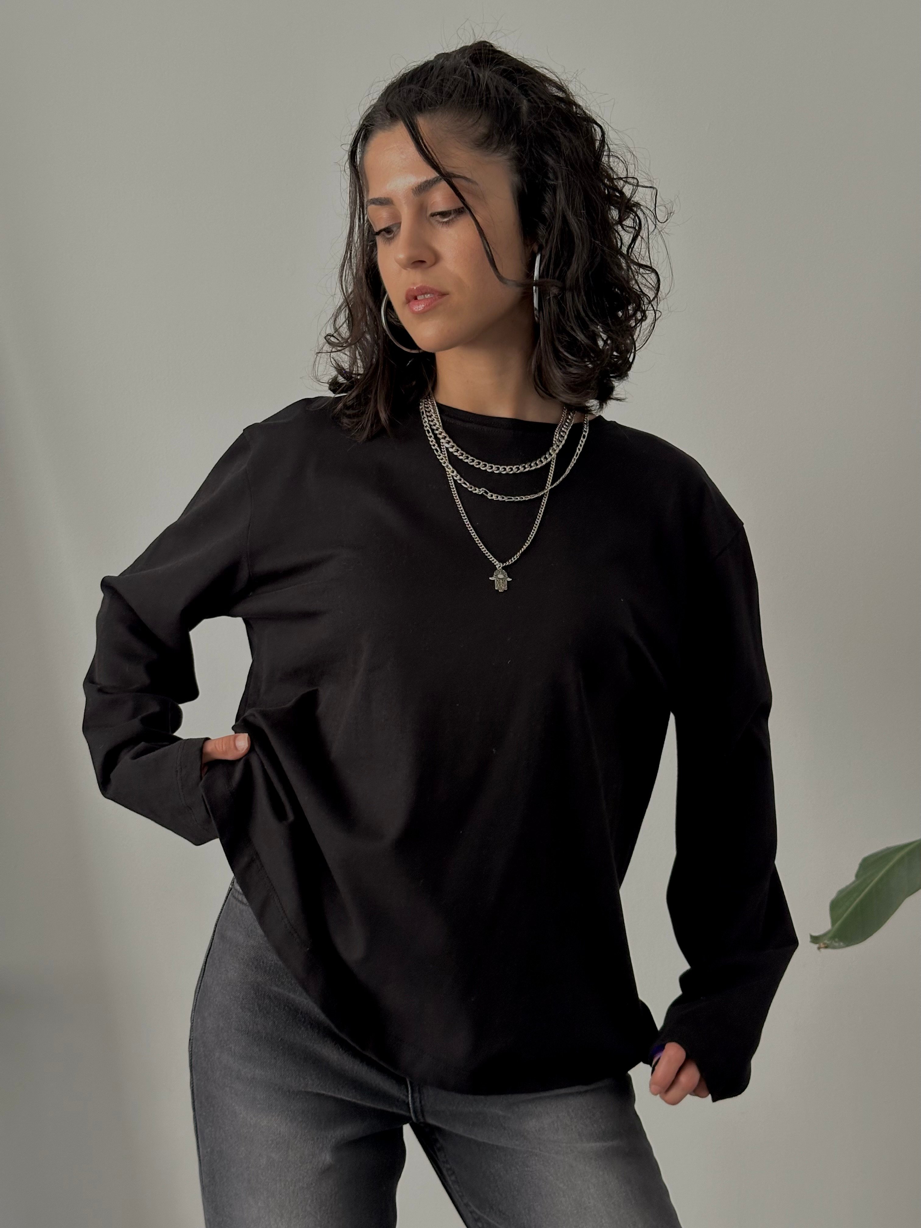 100% Cotton Oversize Basic Long Sleeve T-Shirt - Black