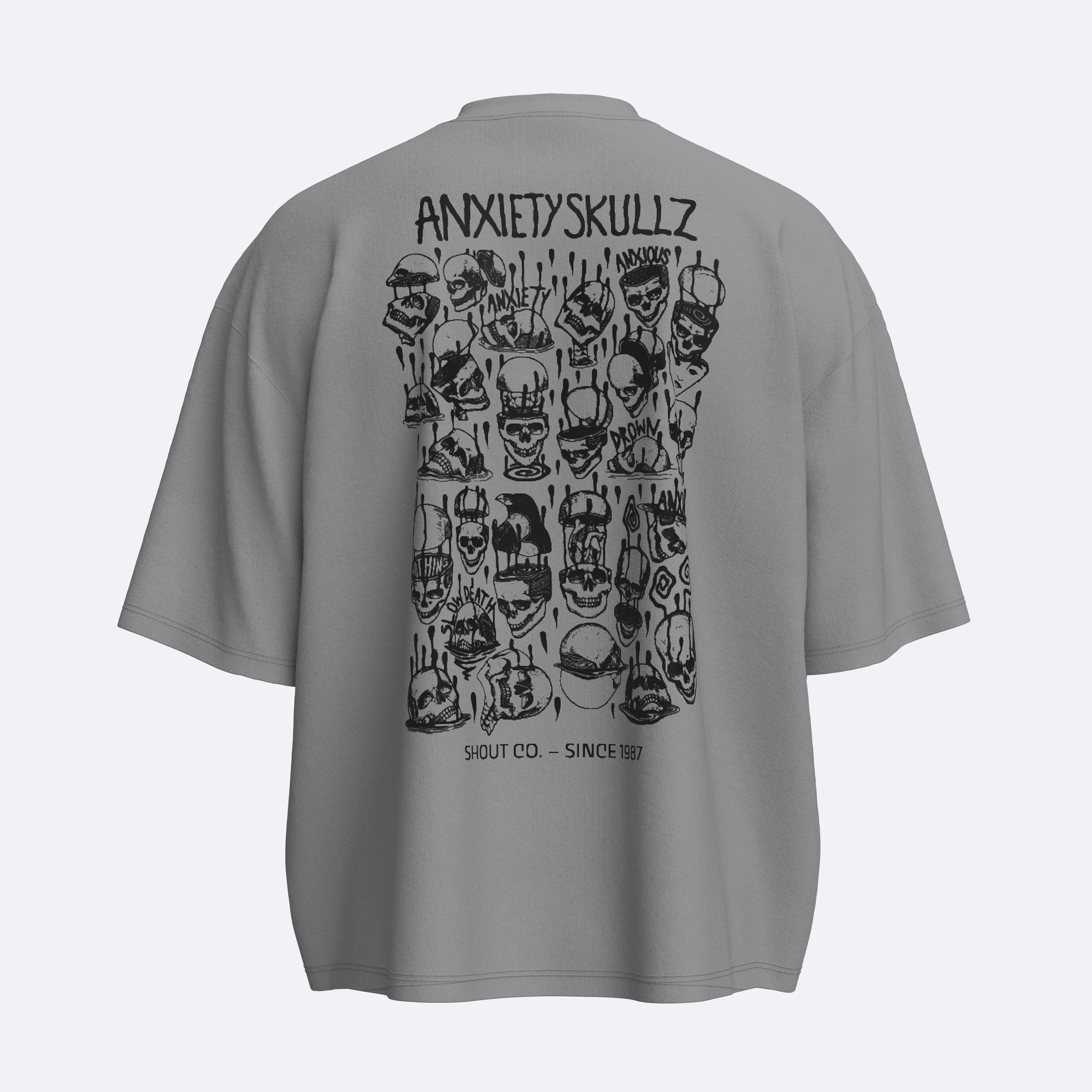 Shout Boxy Fit Oversize Anxiety Skullz Unisex Tişört - Gri